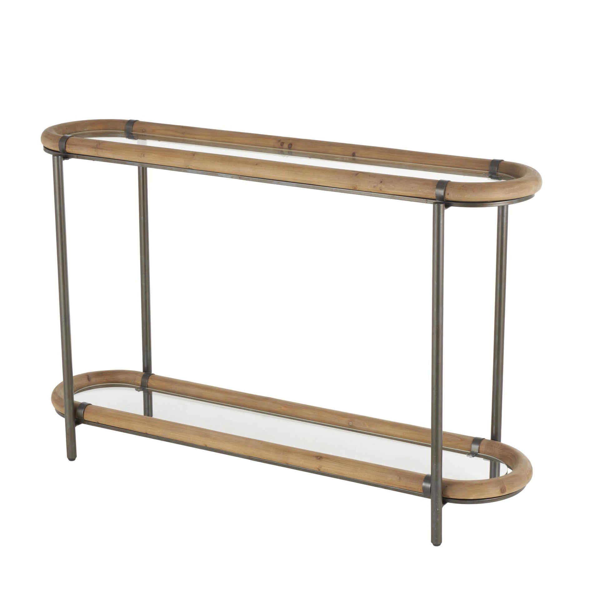 Brass Metal Oval Living Room Console Table with Brown Wooden Framed Glass Tabletop