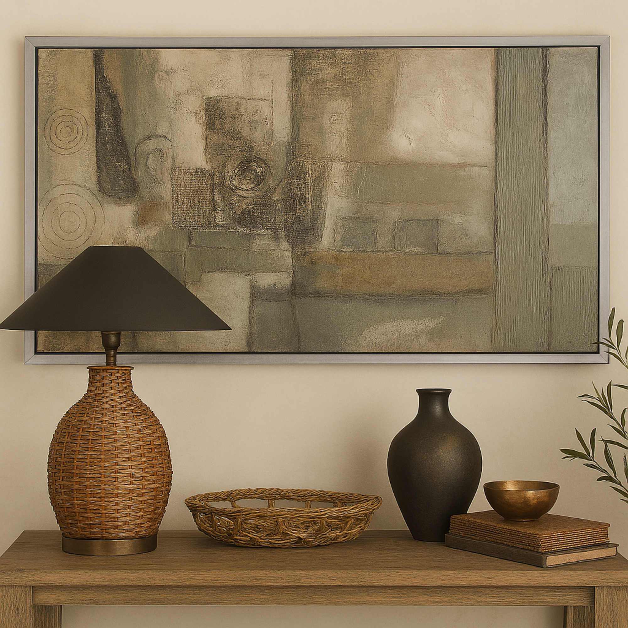 Geometric Gray Canvas Living Room Framed Wall Art with Silver Frame