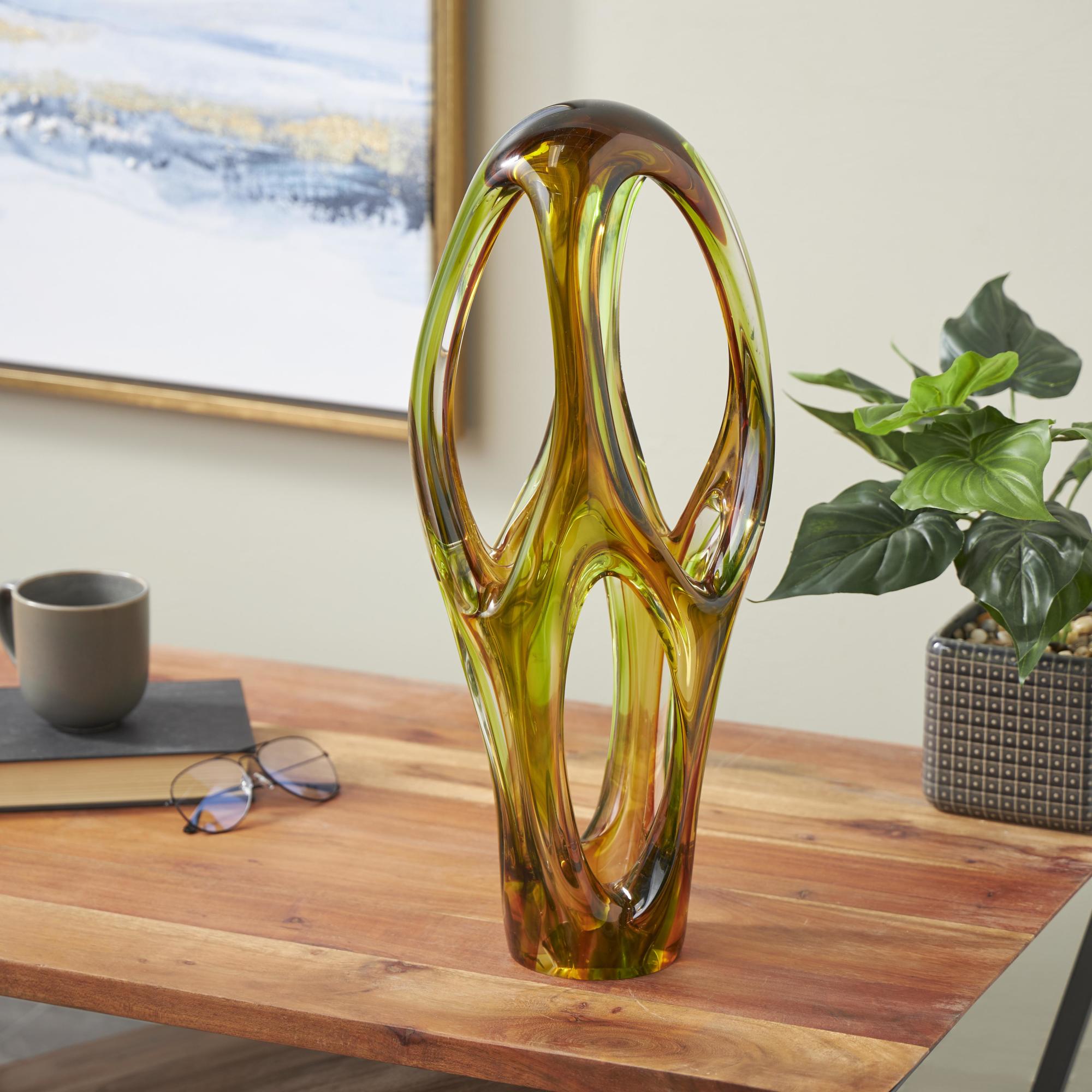 Abstract Orange Glass Ombre Cutout Decorative Sculpture with Green Accents