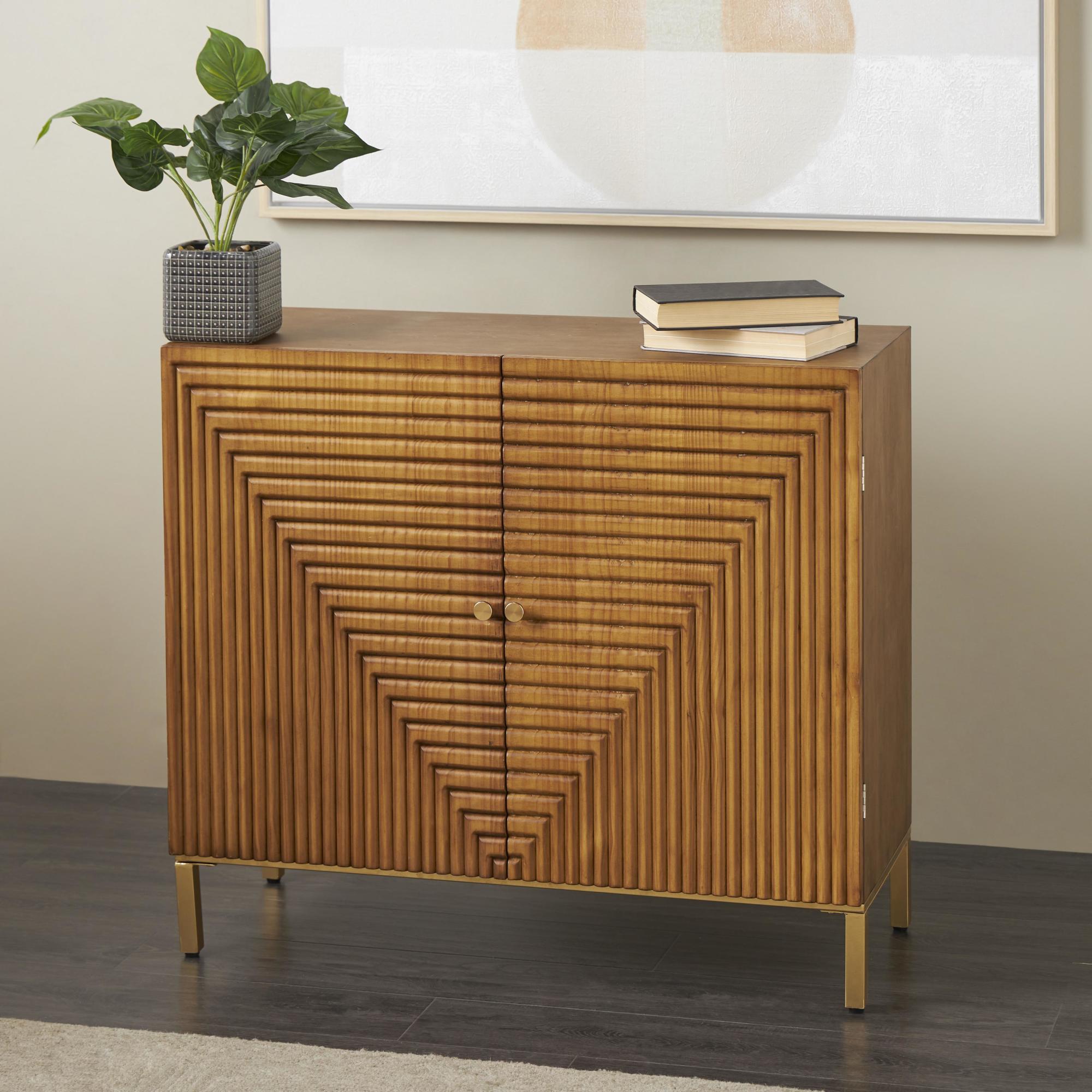 Geometric Brown Wood Carved Square Room Cabinet with Gold Accents