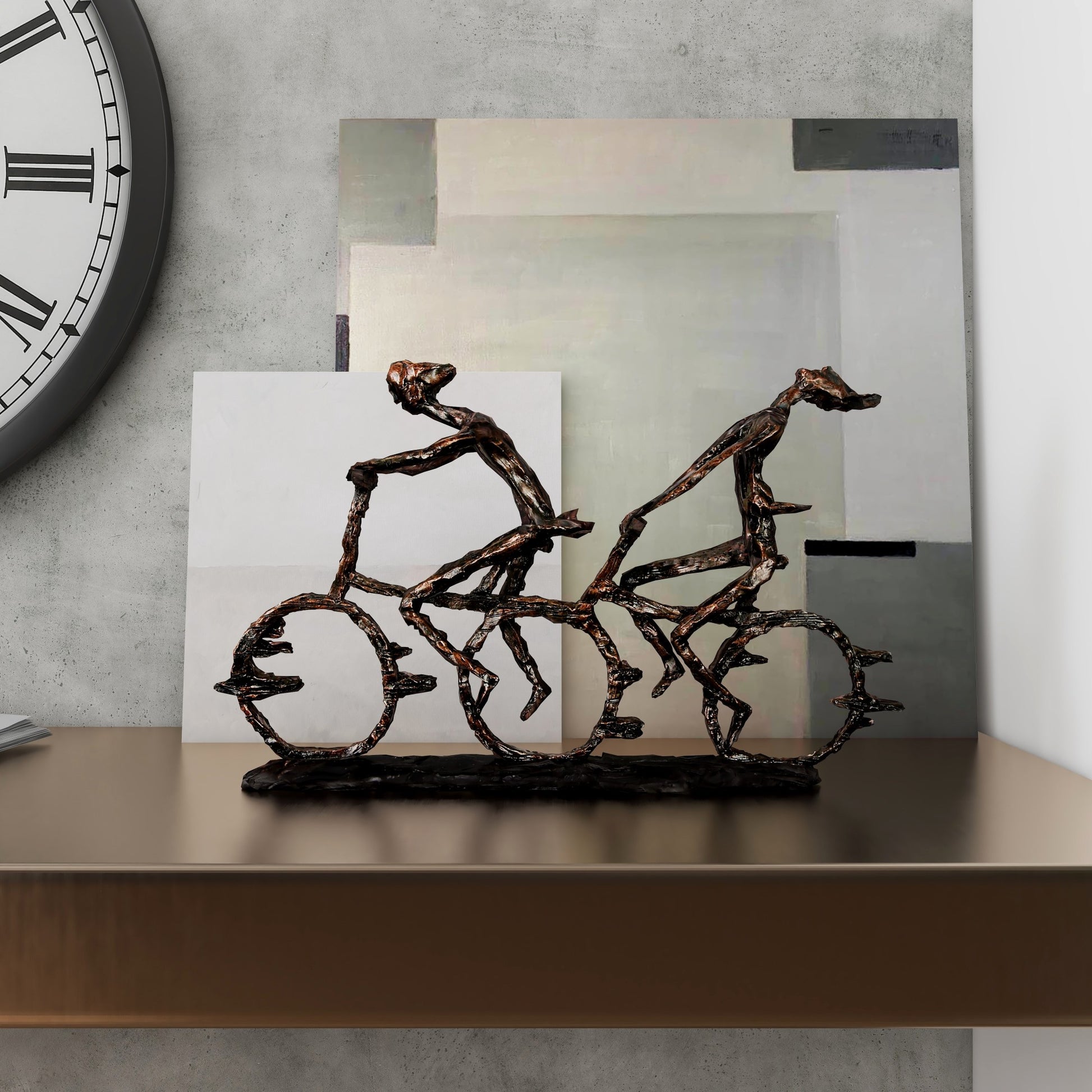 People Bronze Polystone Bicycling Decorative Sculpture with Copper Texturing