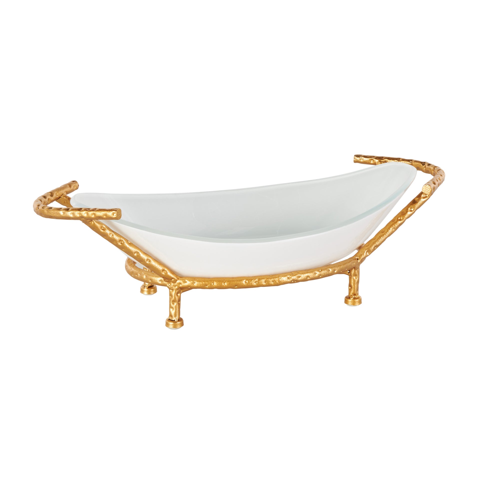 Kitchen White Tempered Glass Decorative Serving Bowl with Gold Metal Stand
