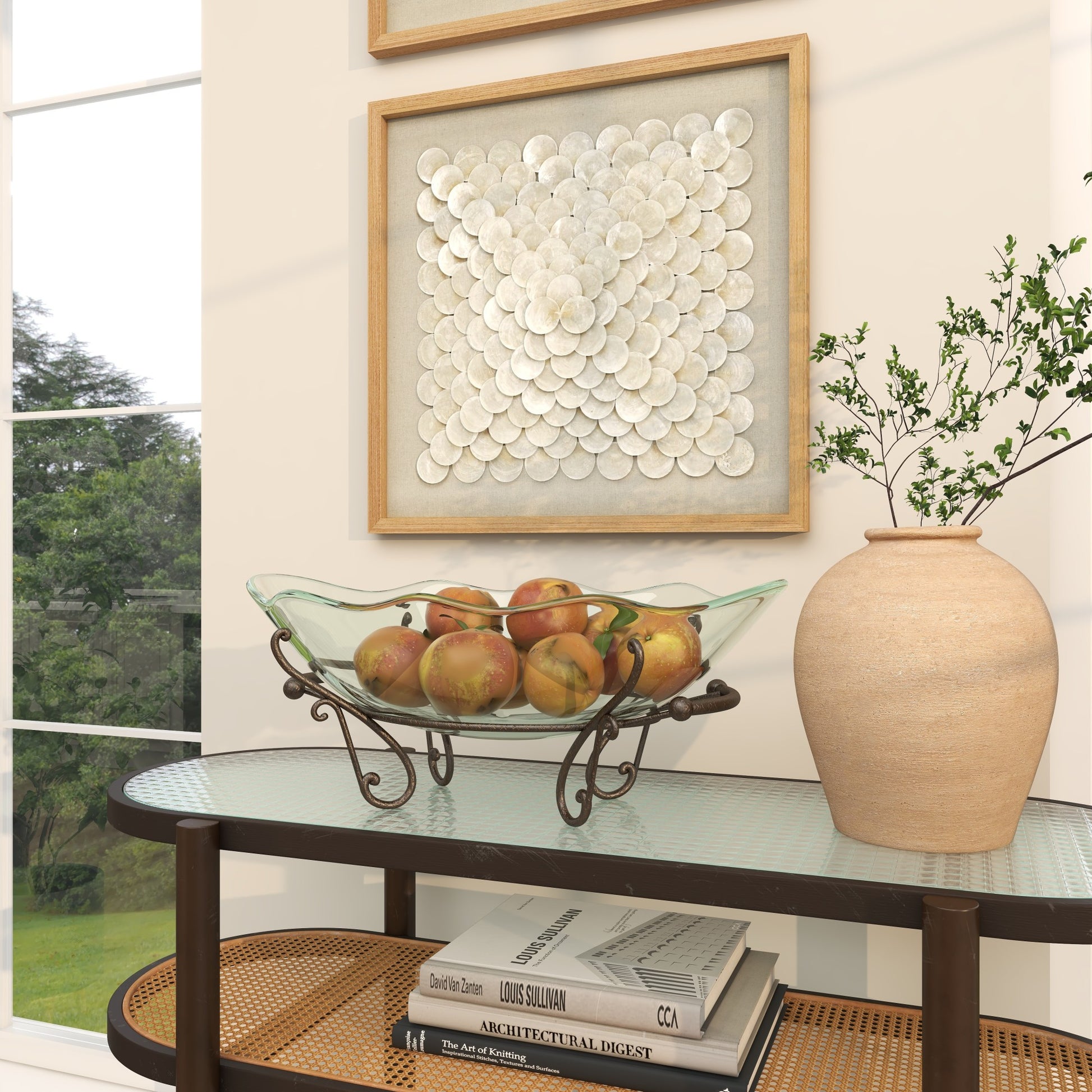 Kitchen Clear Tempered Glass Scalloped Edge Decorative Serving Bowl with Bronze Metal Scroll Stand