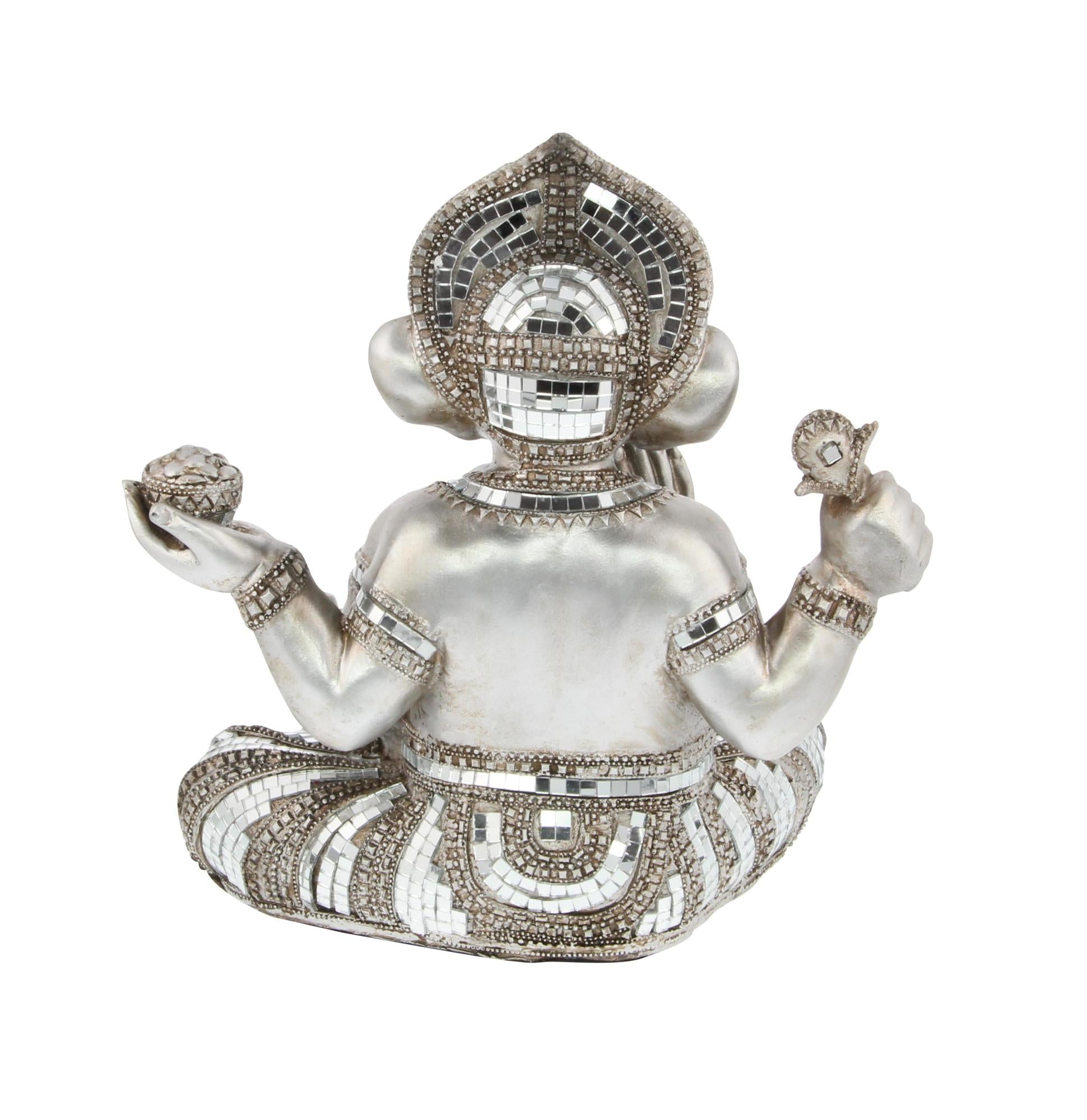 Ganesh Silver Polystone Meditating Decorative Sculpture with Engraved Carvings and Relief Detailing