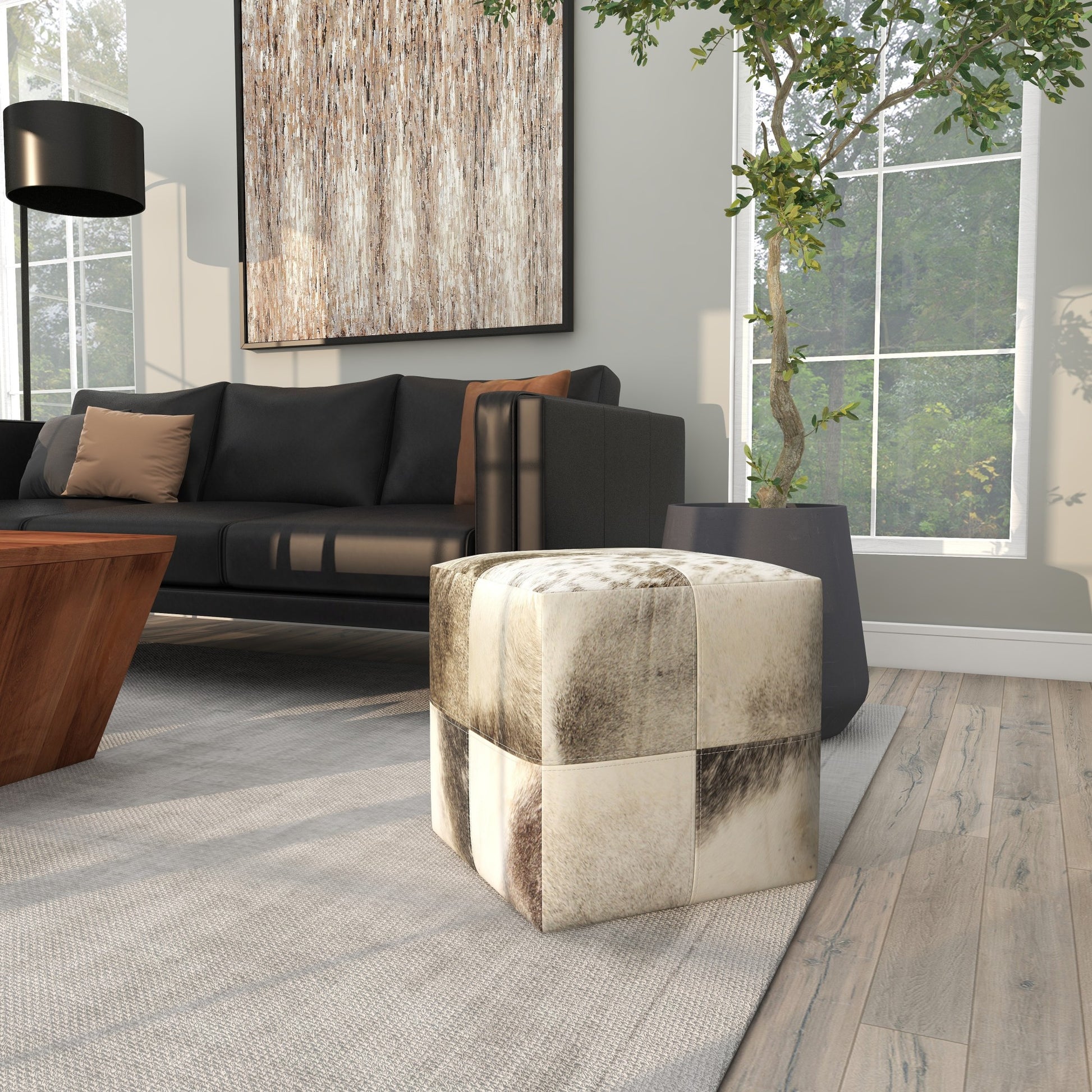 Leather Handmade Cowhide Living Room Stool with Patchwork Pattern
