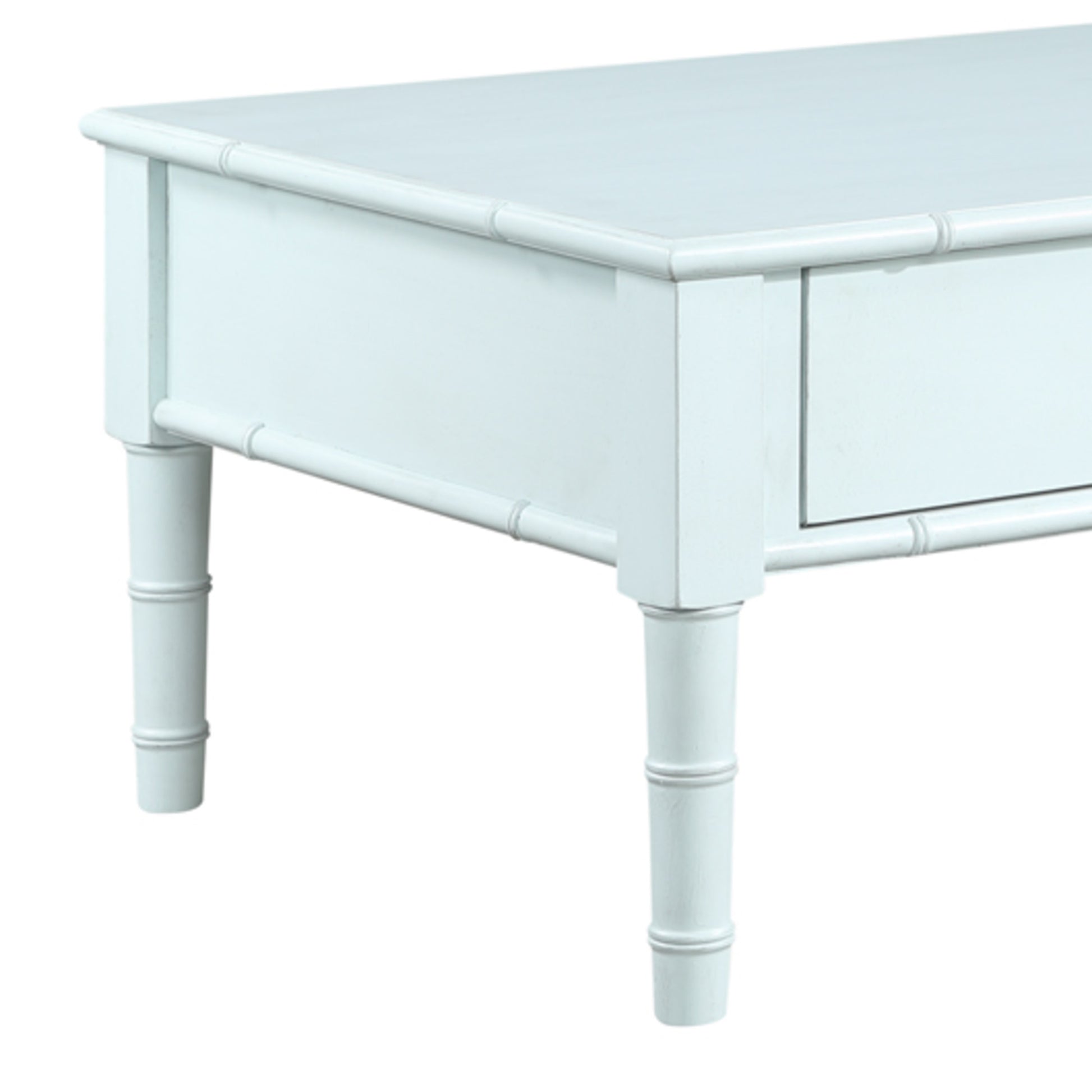 Light Blue Wood 2 Drawer Living Room Coffee Table with Bamboo Inspired Detailing and Bronze Knobs