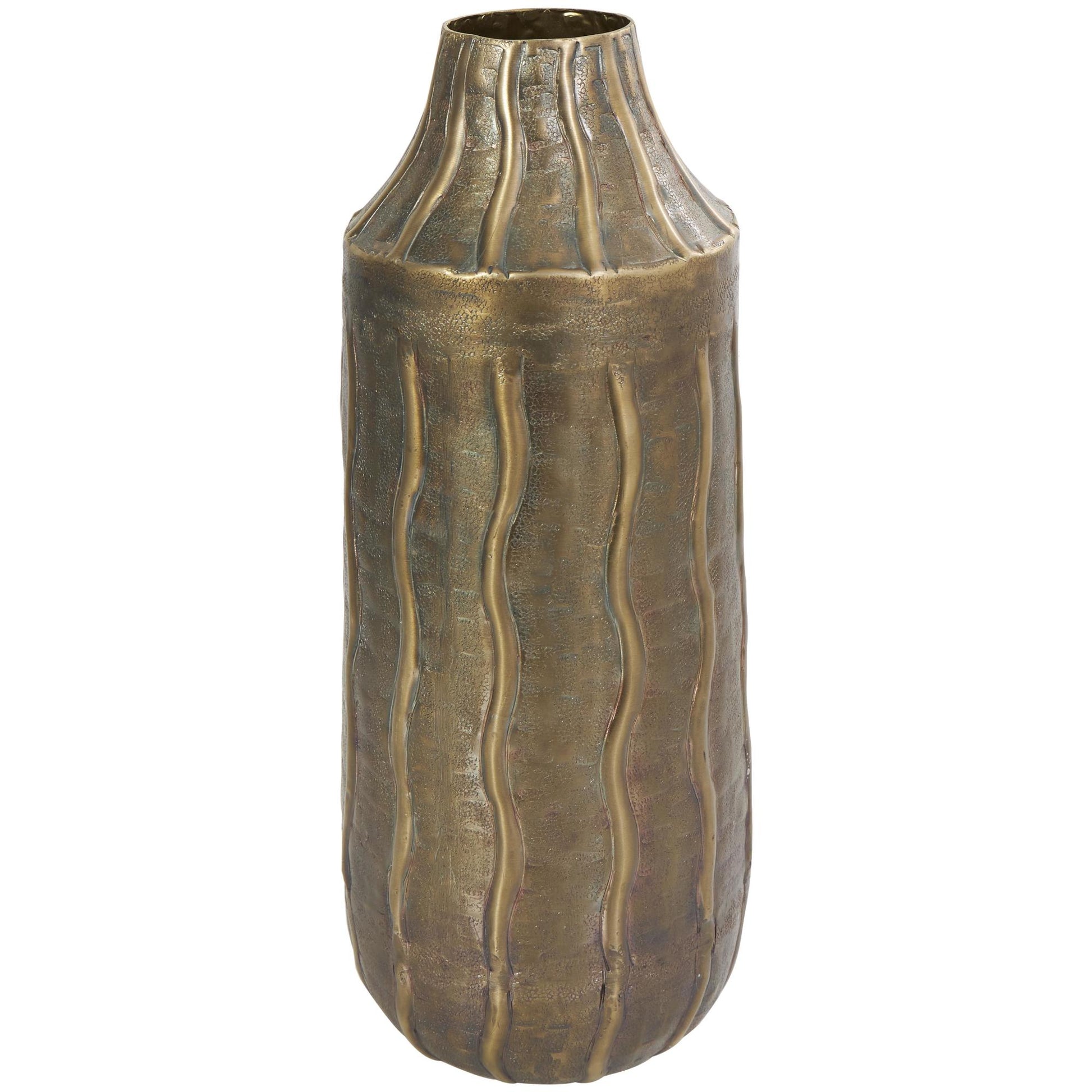 Brass Metal Snakeskin Inspired Decorative Vase with Dimensional Wavy Accents