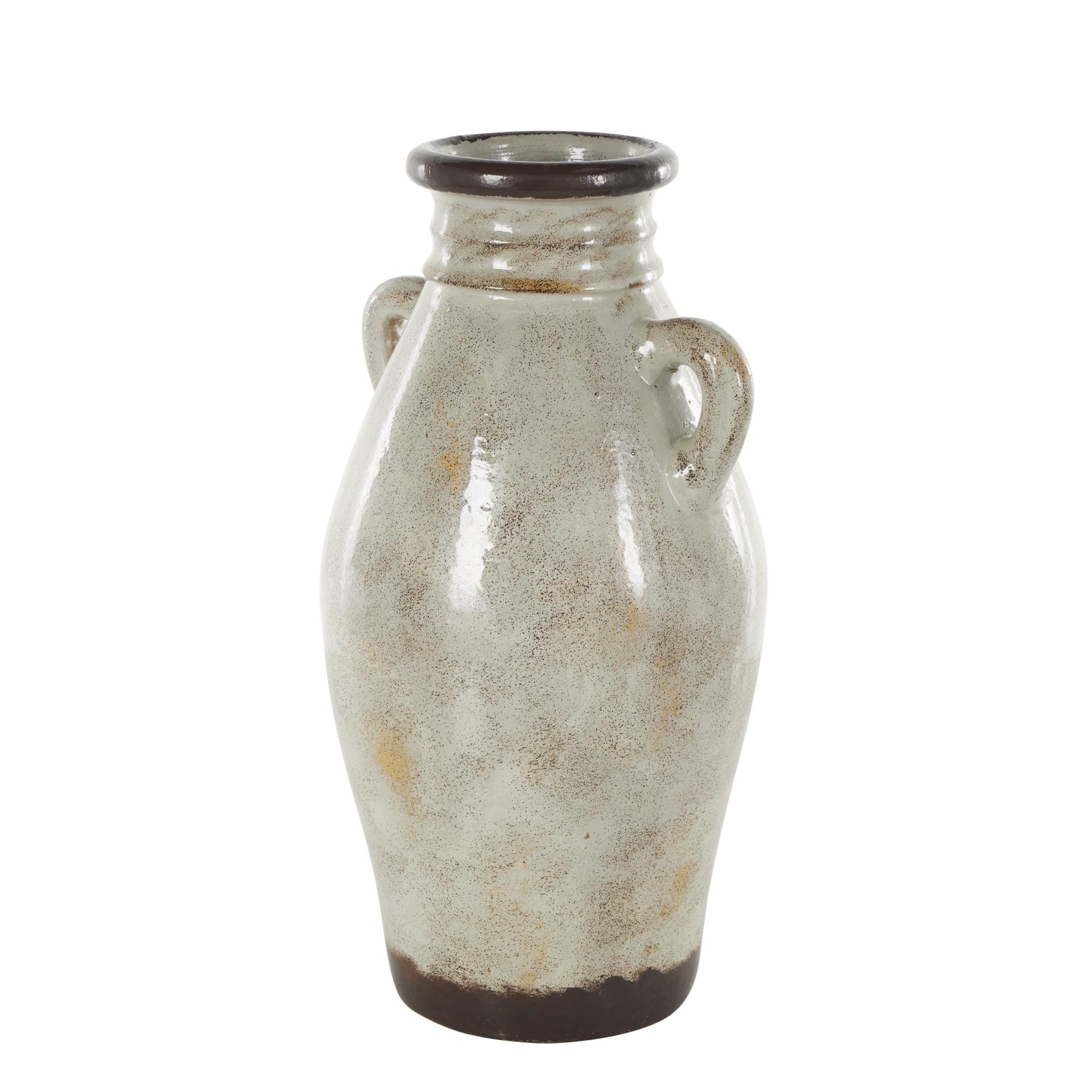 Cream Ceramic Antique Amphora Decorative Vase with Speckled Texturing and Yellow and Brown Accents