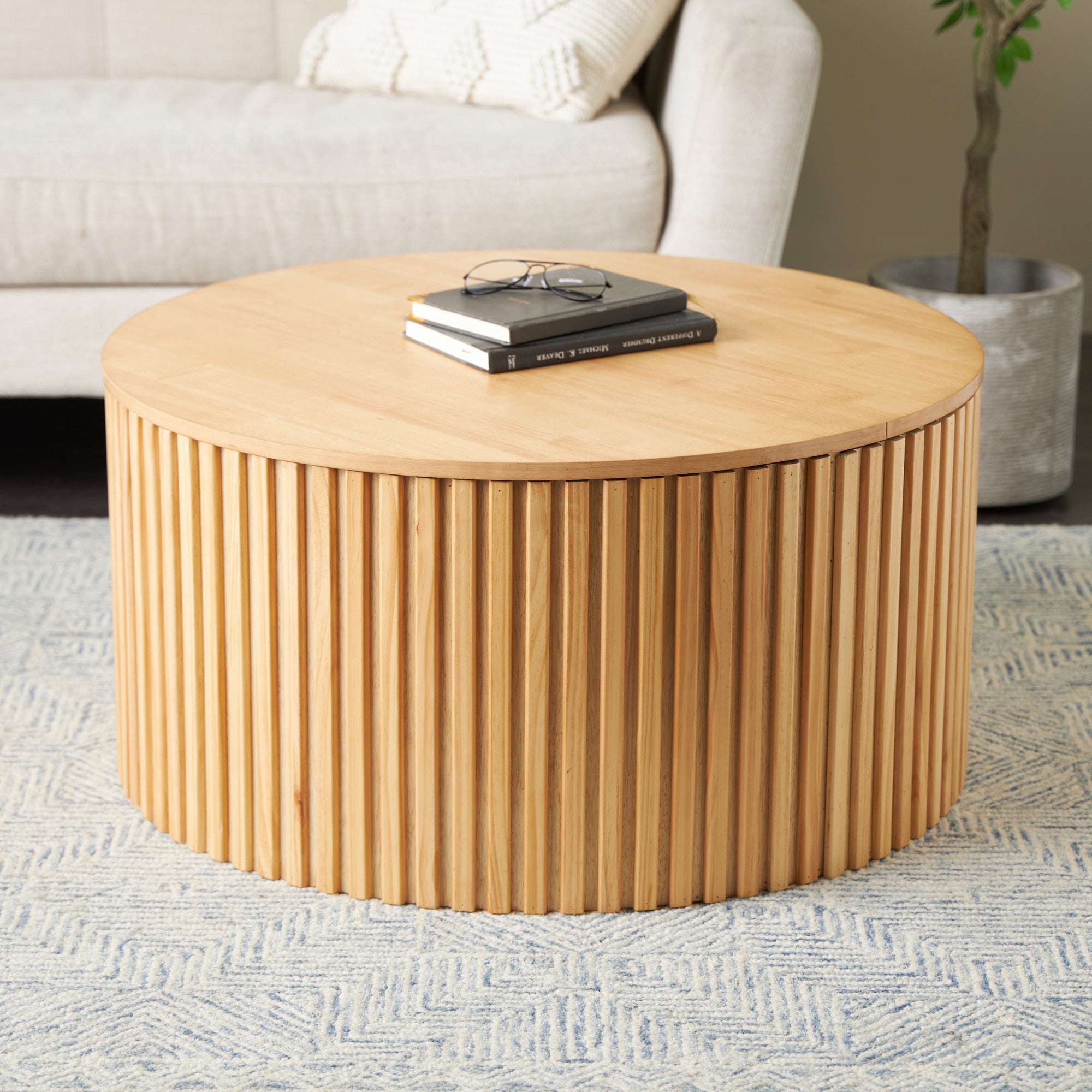 Wood Handmade Ribbed Living Room Coffee Table with Slatted Base