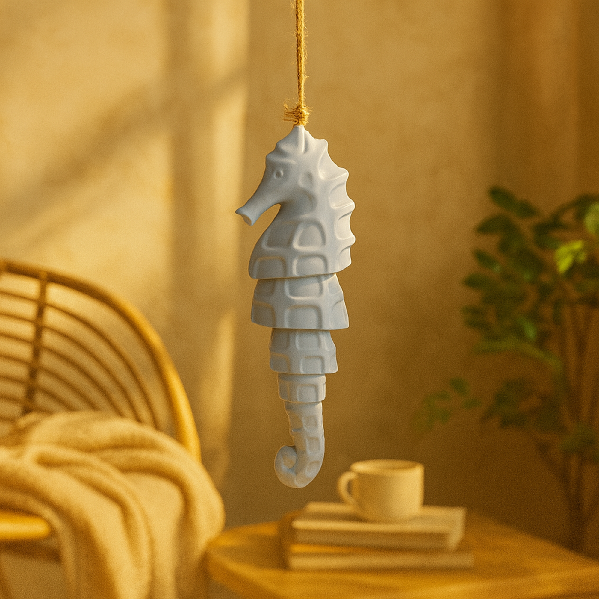 Sea Horse Blue Ceramic Indoor Outdoor Windchime with Brown Rope