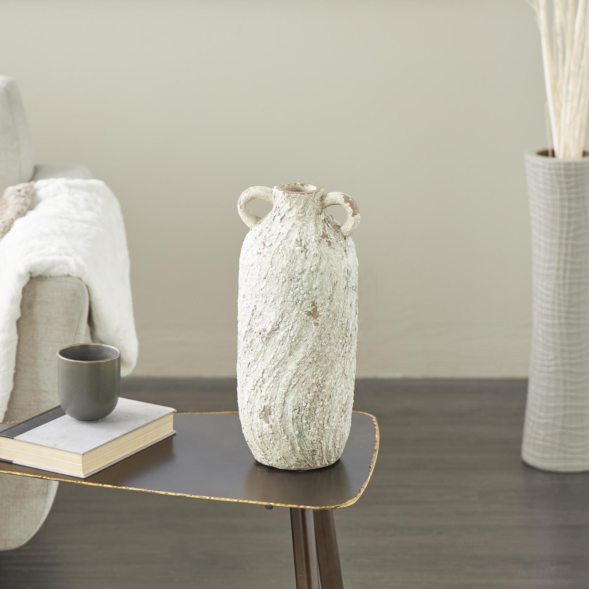 Cream Magnesium Oxide Antique Textured Amphora Decorative Vase with 2 Small Handles