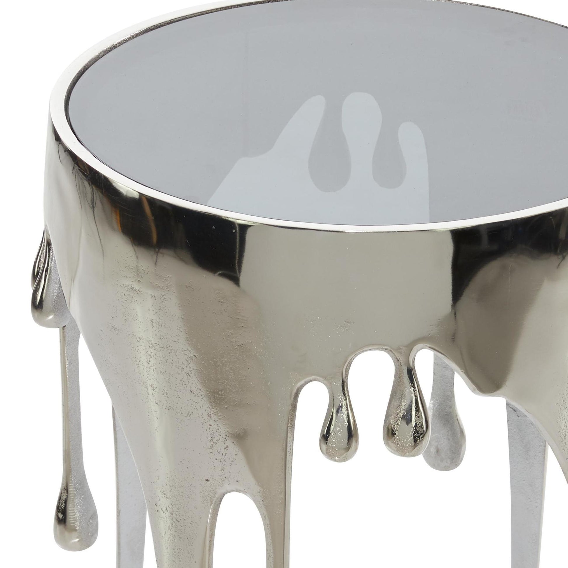 Abstract Aluminum Metal Drip Side End Accent Table with Melting Design and Shaded Glass Top 16" x 16" x 25"