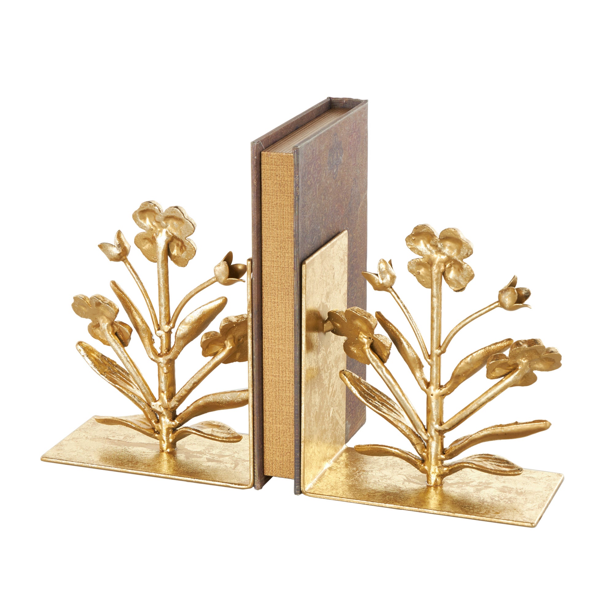 Set of 2 Floral Gold Metal Decorative Bookends with Shimmer Details