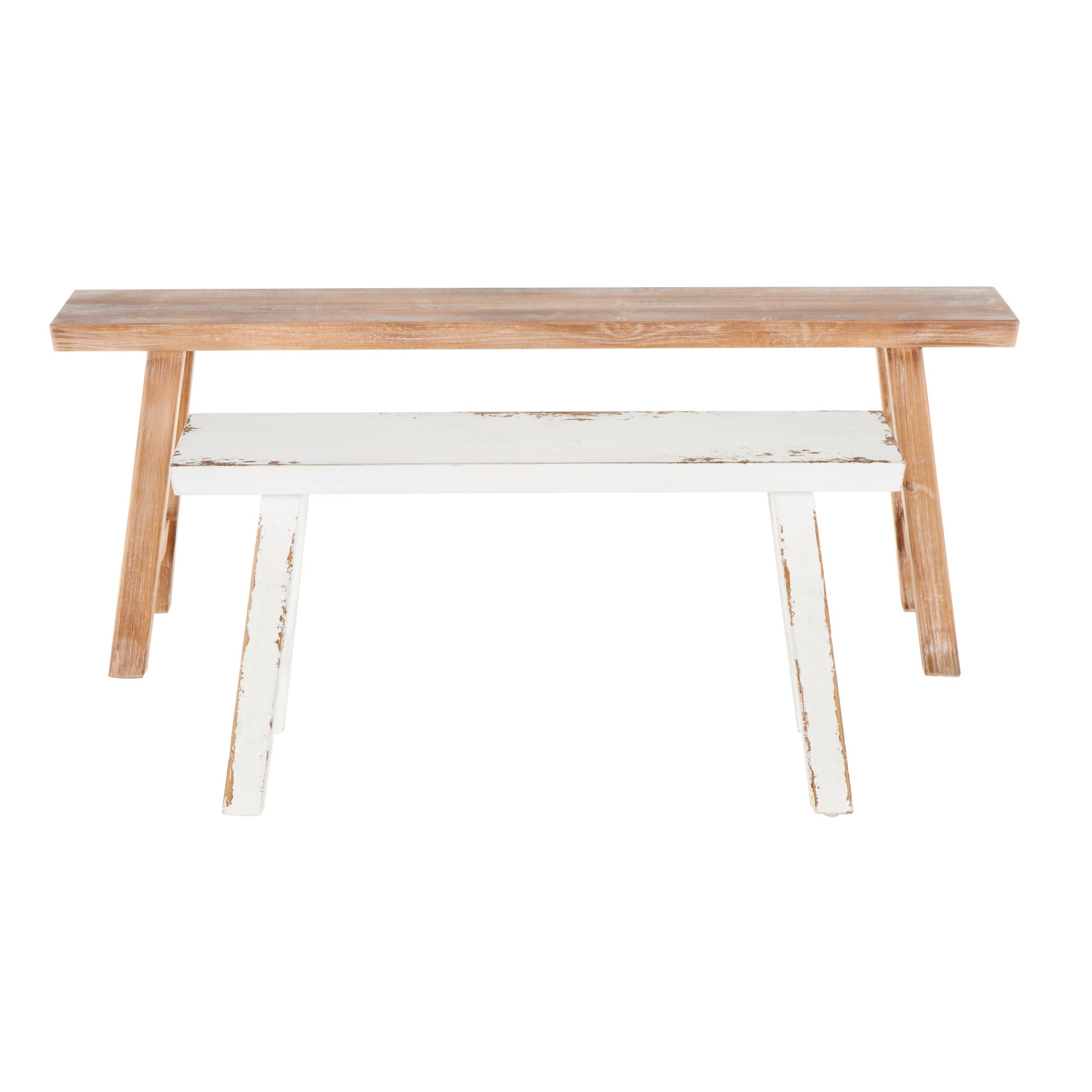 Set of 2 Brown Wood Slim Distressed Home Bench with Smaller White Bench