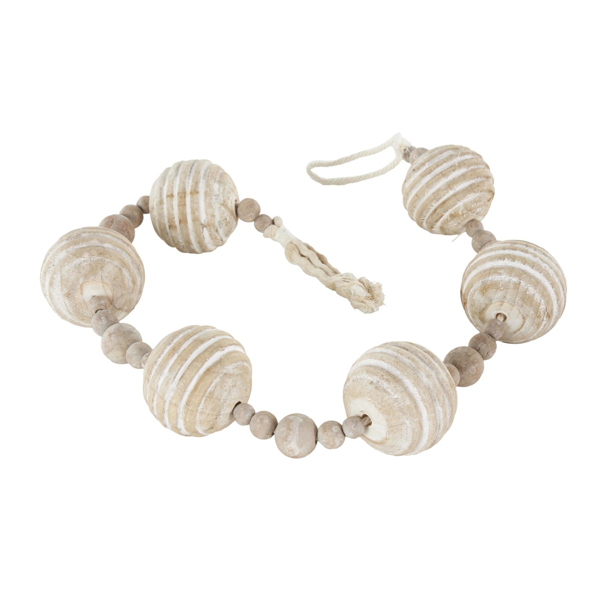 Geometric Cream Wood Handmade Ribbed Beaded Garland with Tassel with White Rope