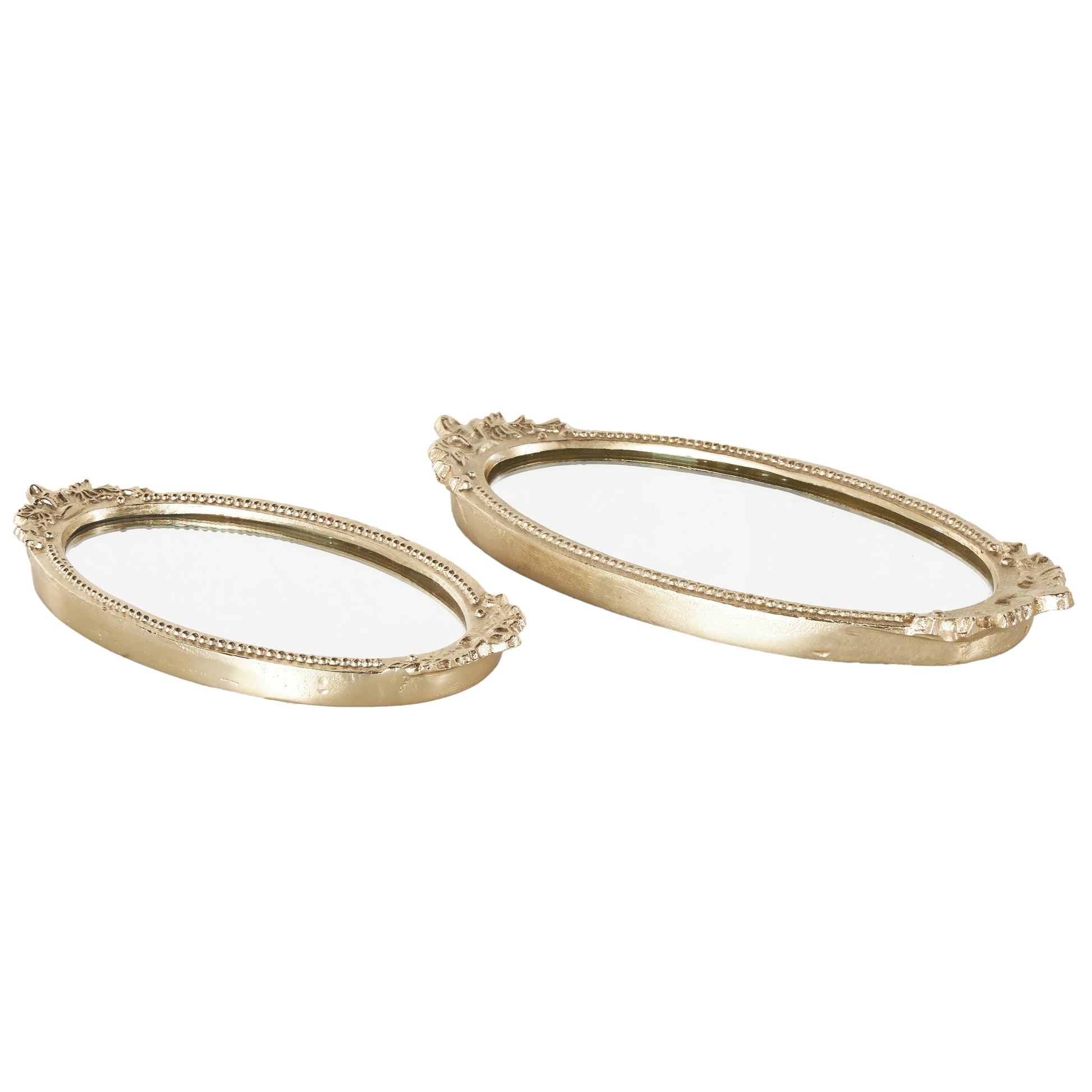 Set of 2 Leaf Gold Aluminum Metal Living Room Decor Tray with Mirrored Glass Interior and Handles