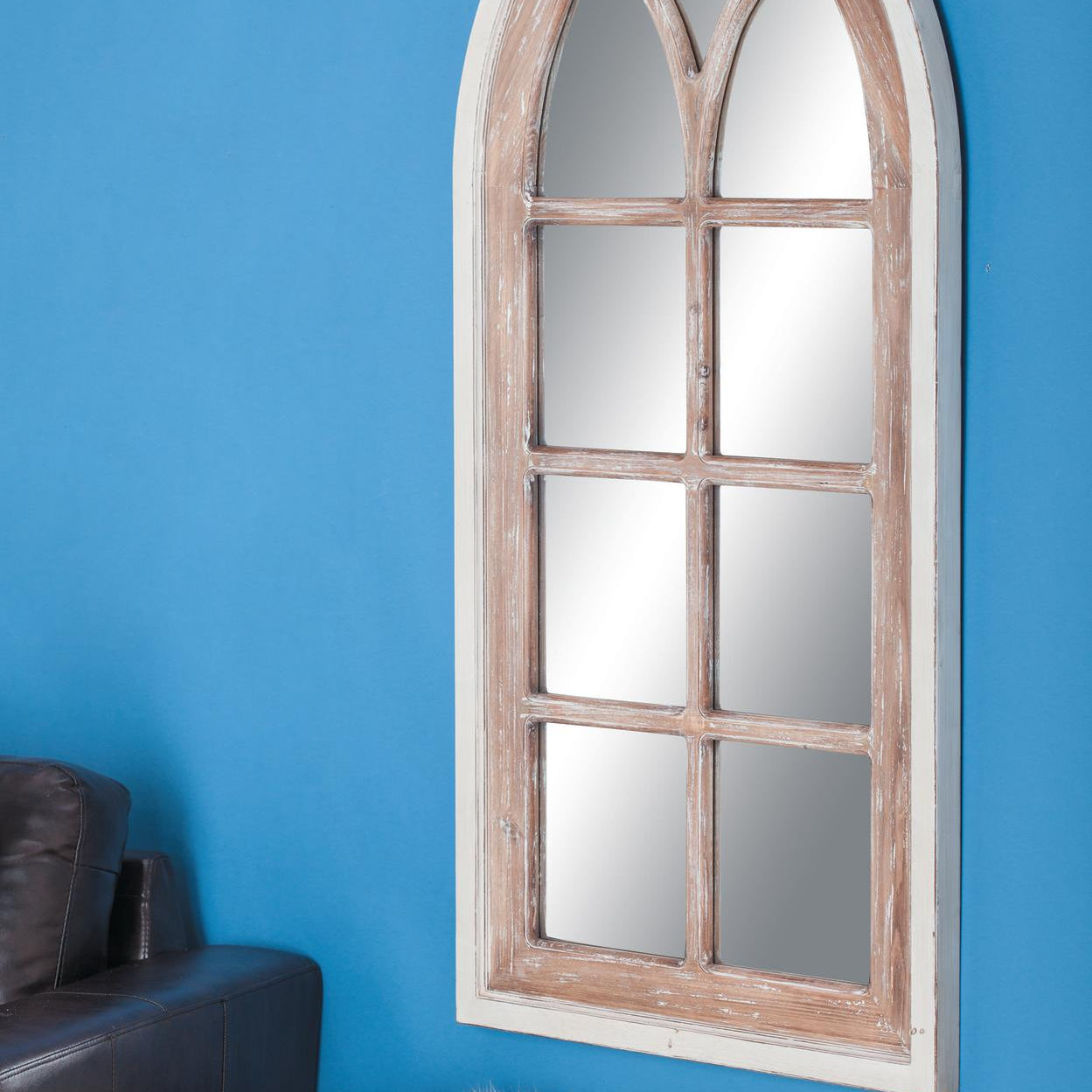 Brown Wood Arched Distressed Window Pane Room Wall Mirror