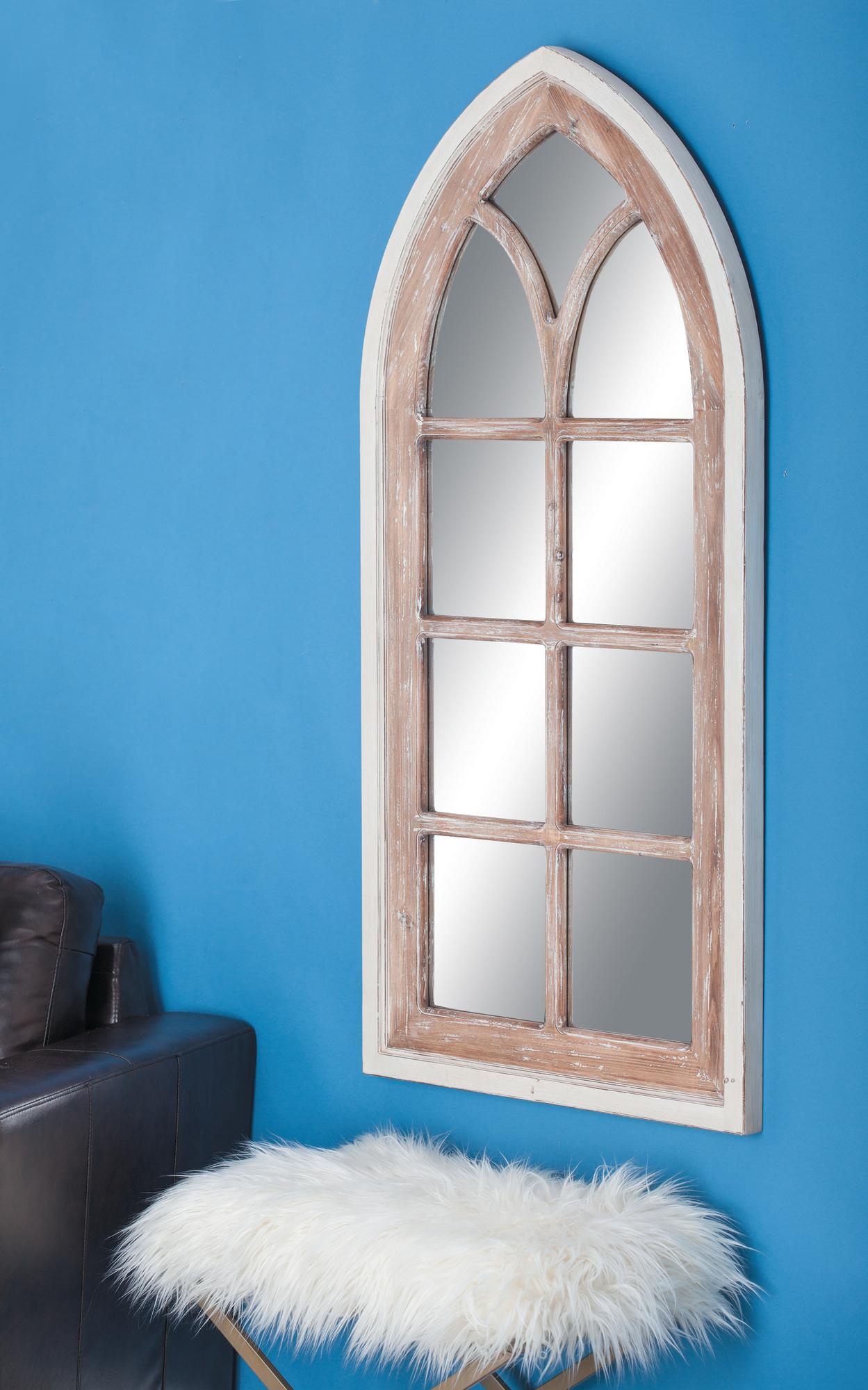 Brown Wood Arched Distressed Window Pane Room Wall Mirror