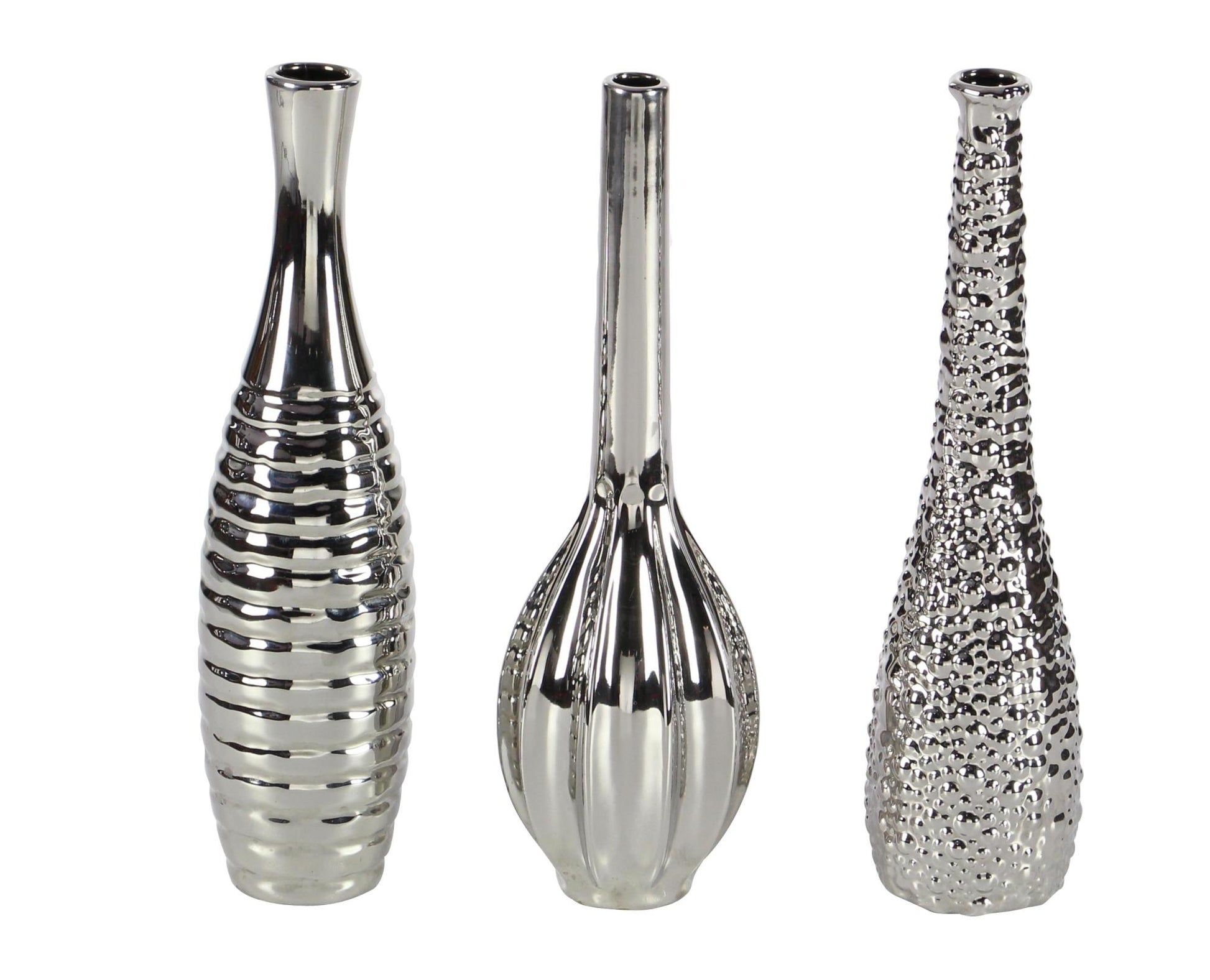 Set of 3 Ceramic Slim Textured Bottleneck Decorative Vase with Varying Patterns Set of 3 4"W, 12"H