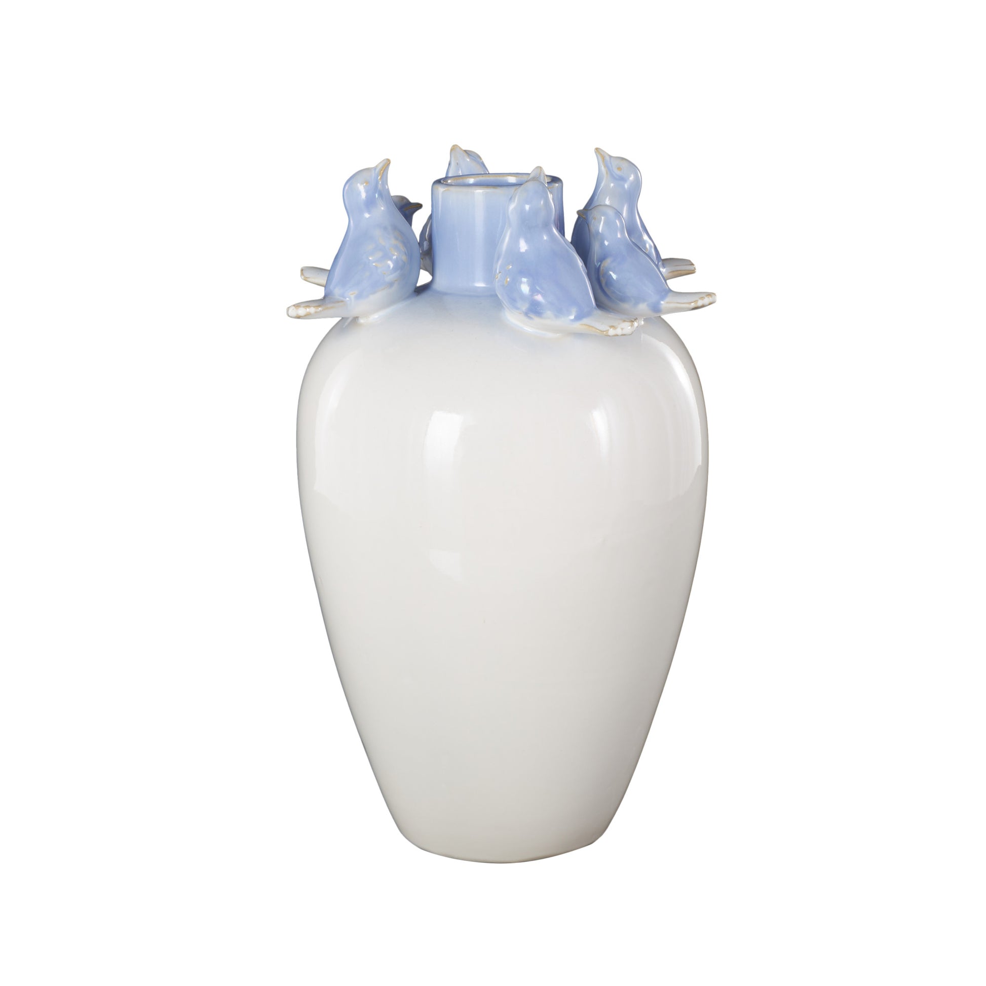 Bird White Ceramic Decorative Vase with Blue Accents