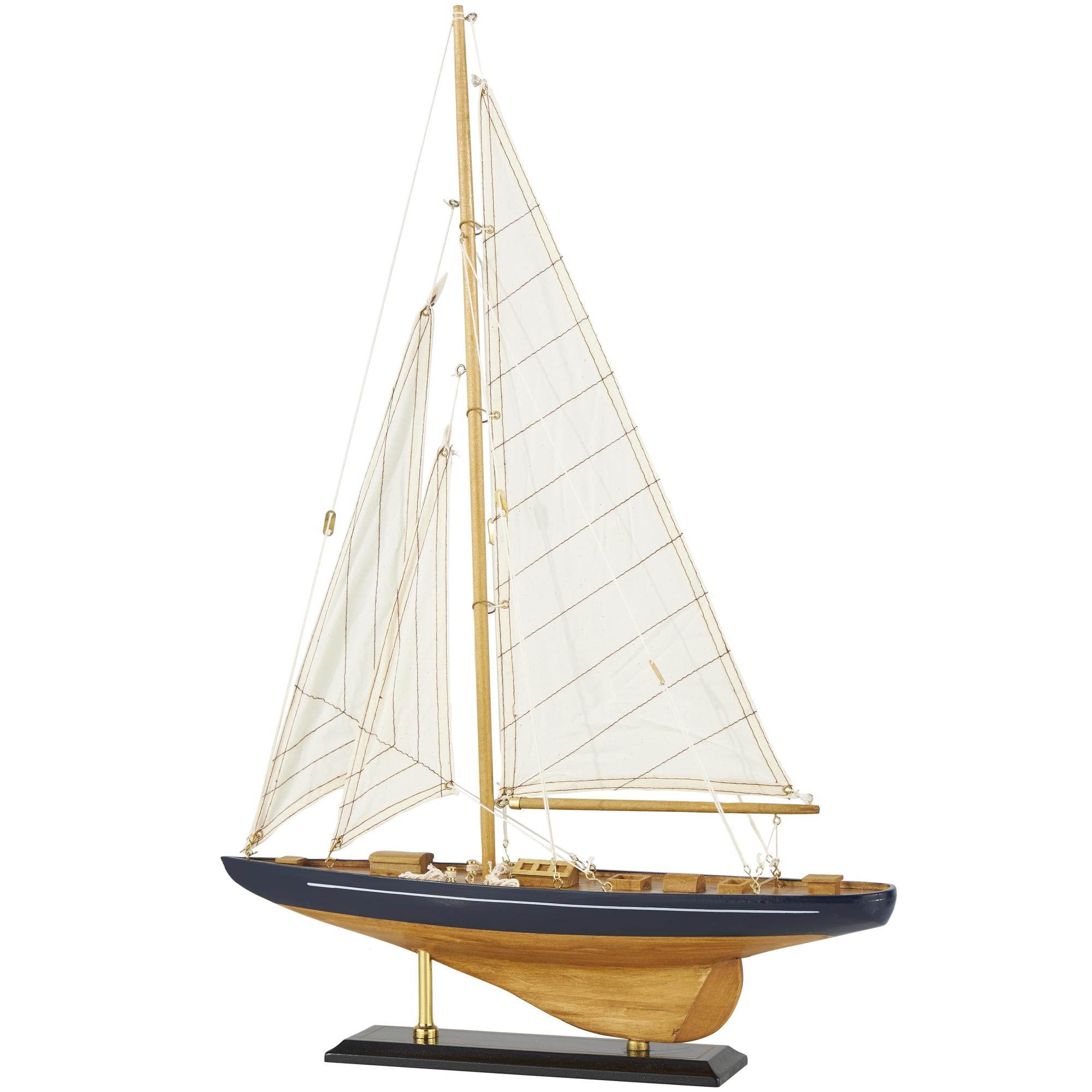Sail Boat Brown Wood Decorative Sculpture with Beige and Navy Accents and Lifelike Rigging