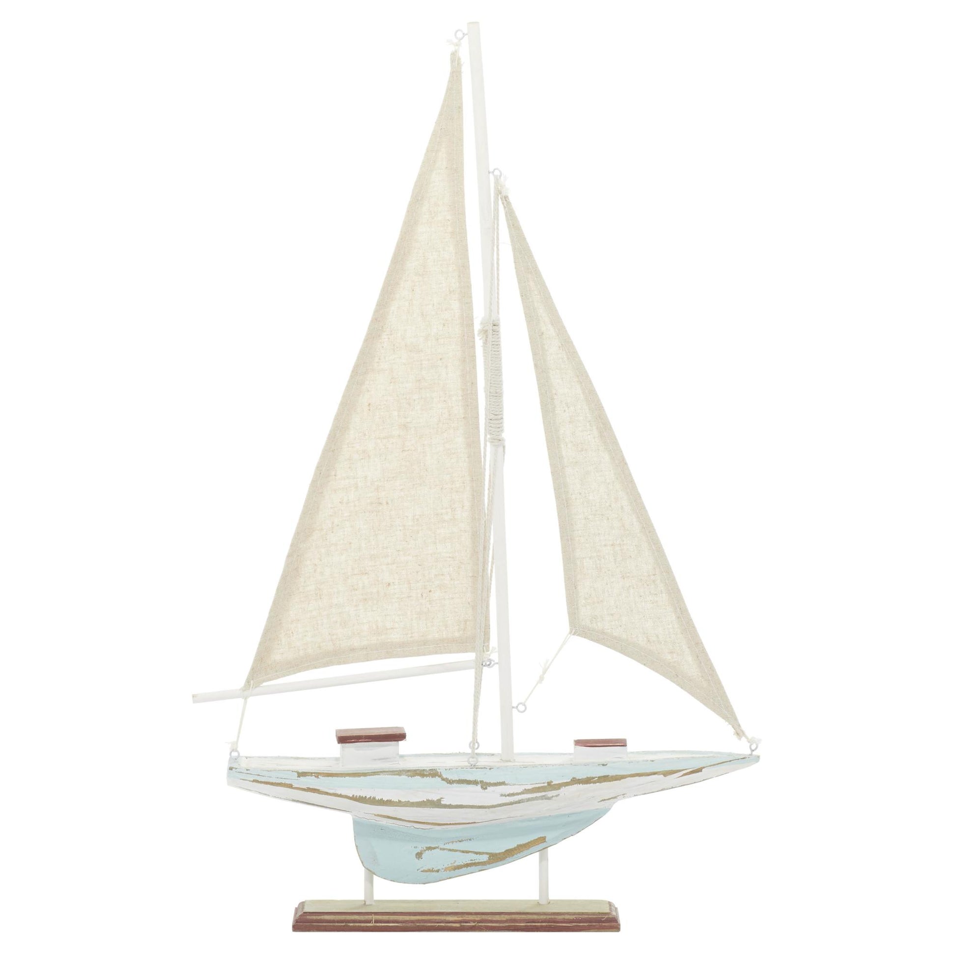 Sail Boat Blue Wood Distressed Decorative Sculpture with Cream Linen Sails and Brown Accents