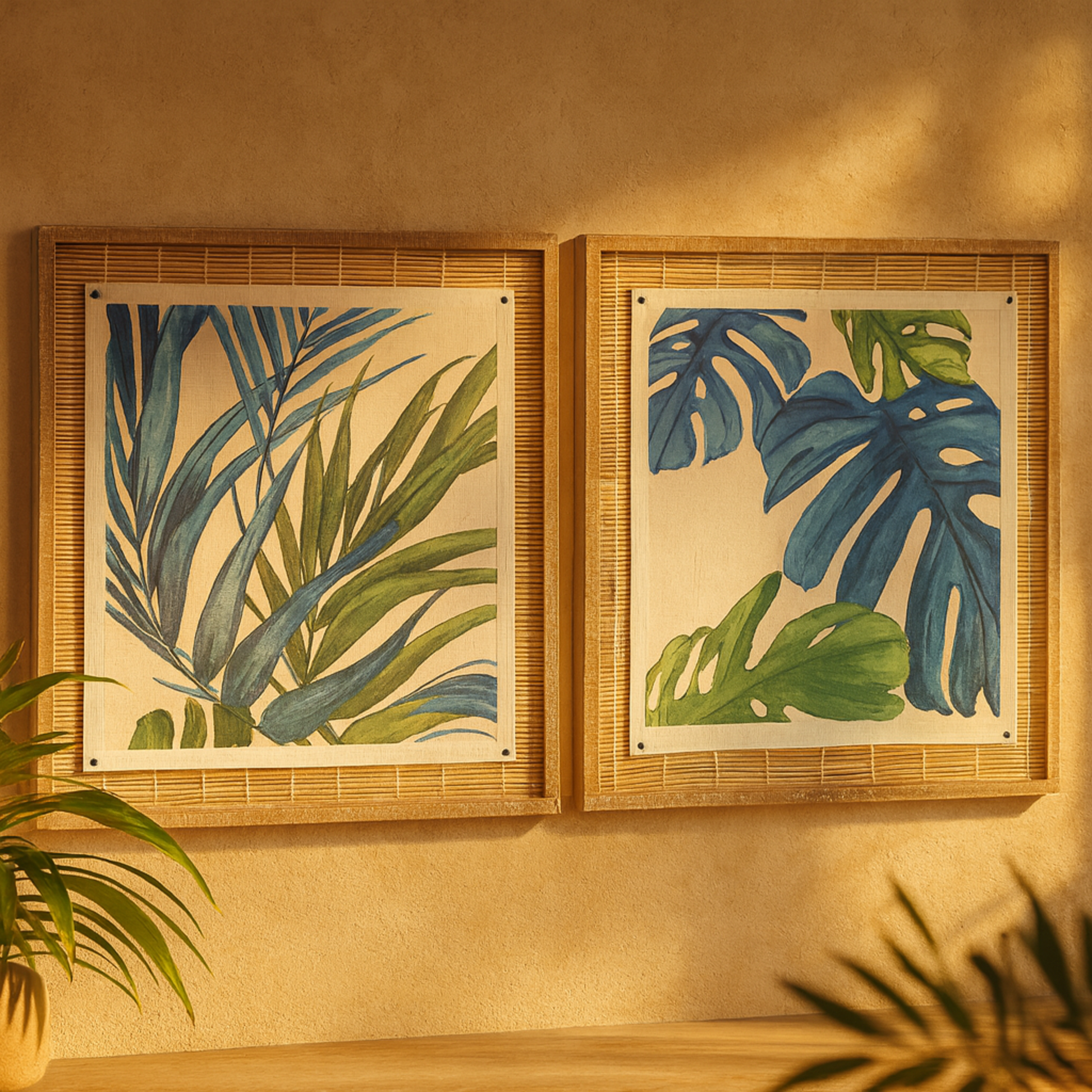 Set of 2 Leaf Blue Dried Plant Living Room Framed Wall Art with Brown Frame