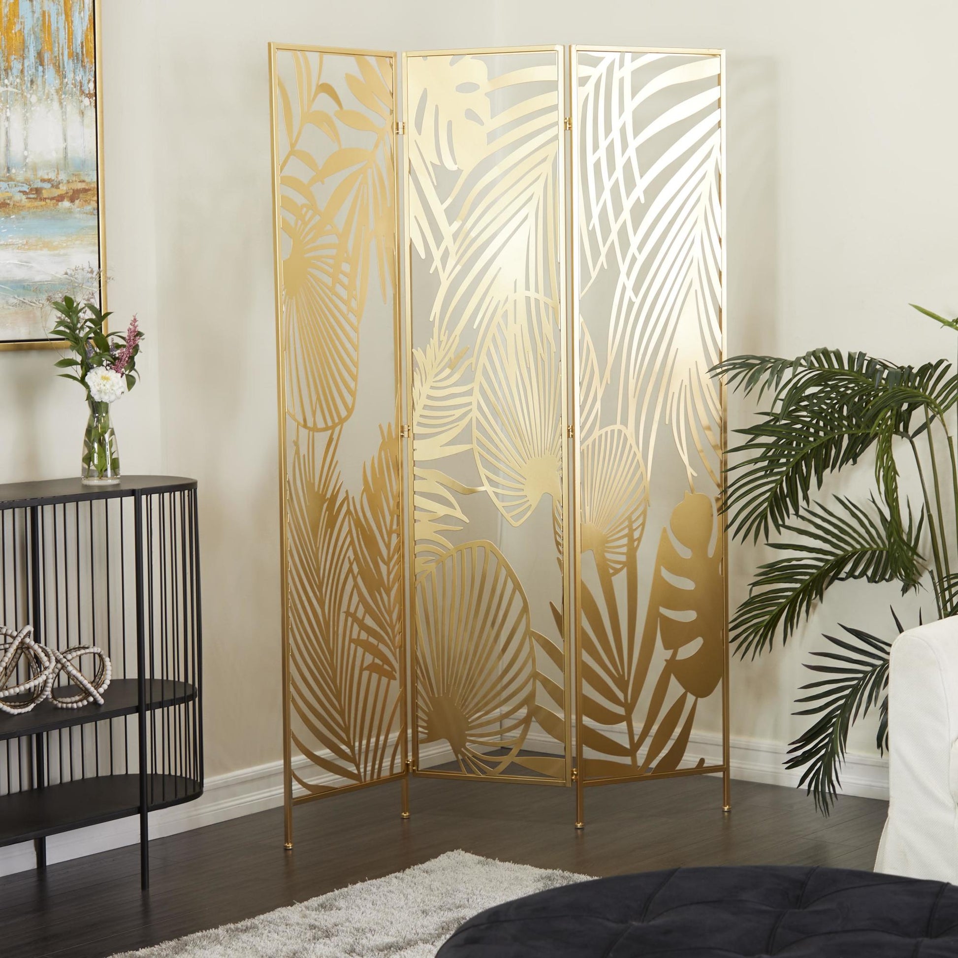 Leaf Gold Metal Foldable Partition Cutout Palm Leaf 3 Panel Partition Room Divider Screen