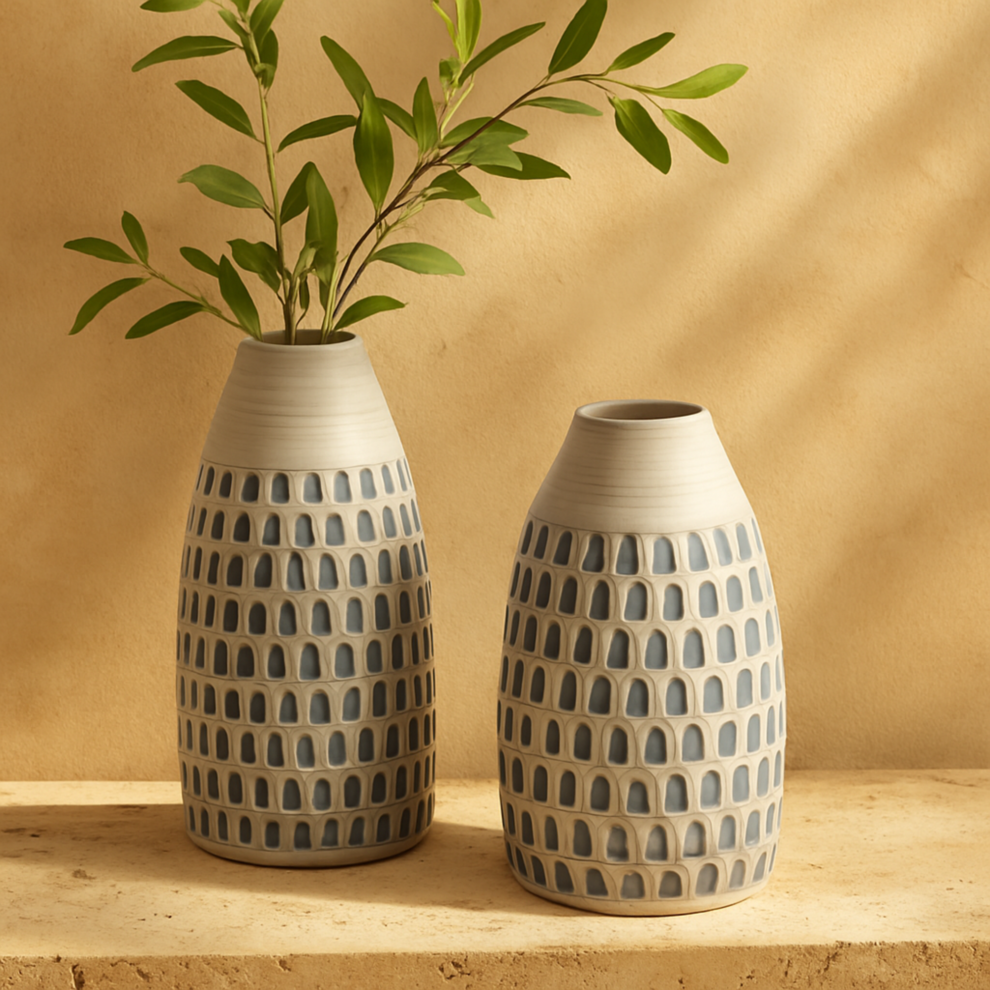 Set of 2 Gray Ceramic Handmade Decorative Vase
