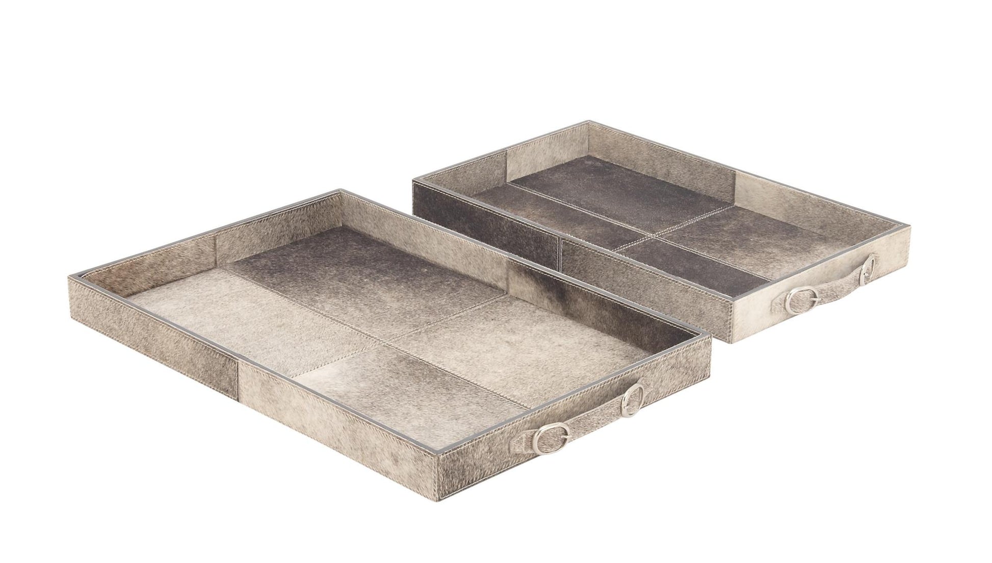 Set of 2 Gray Wooden Handmade Cowhide Living Room Decor Tray with Slot Handles