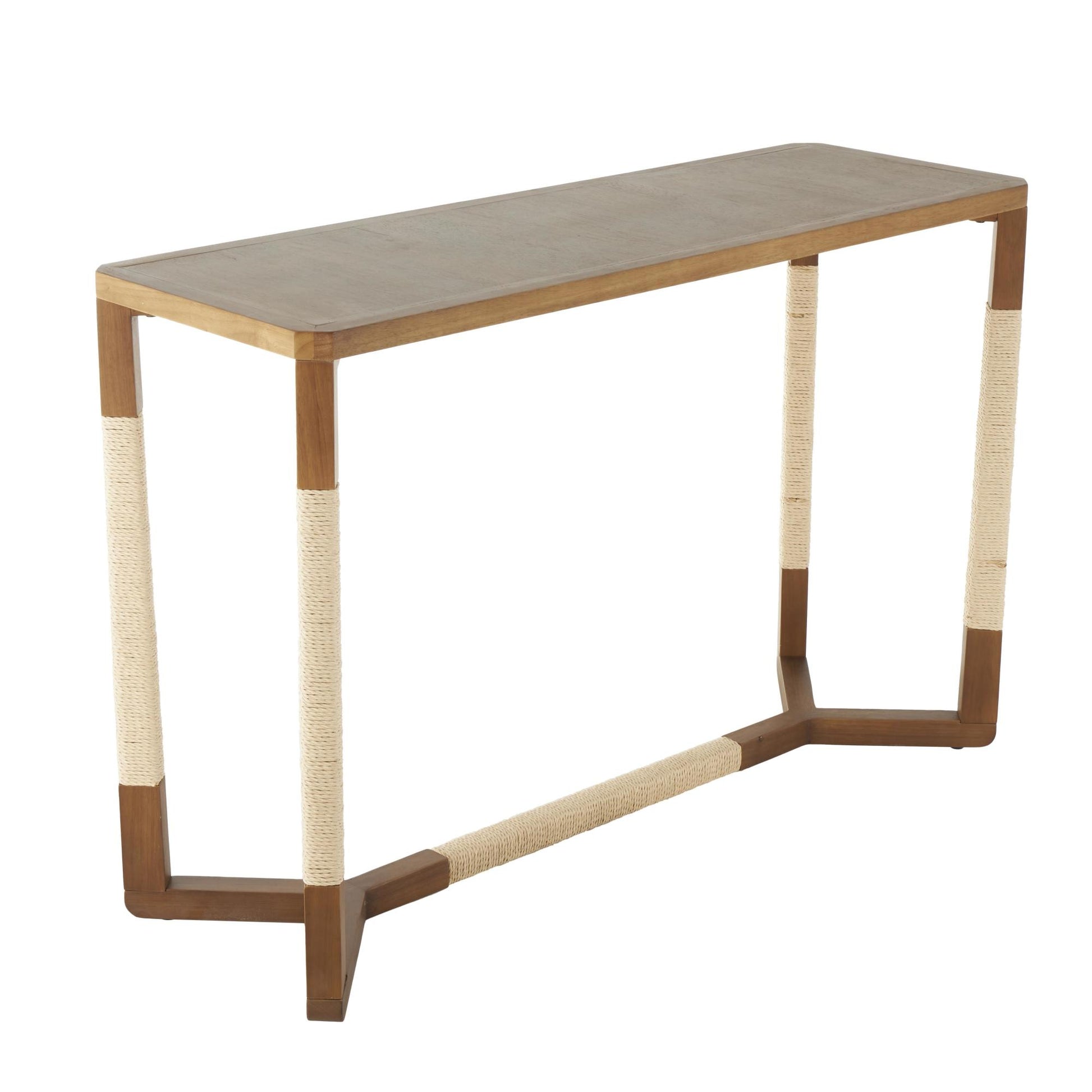 Brown Wooden Rectangular Living Room Console Table with Rope Wrapped Frame