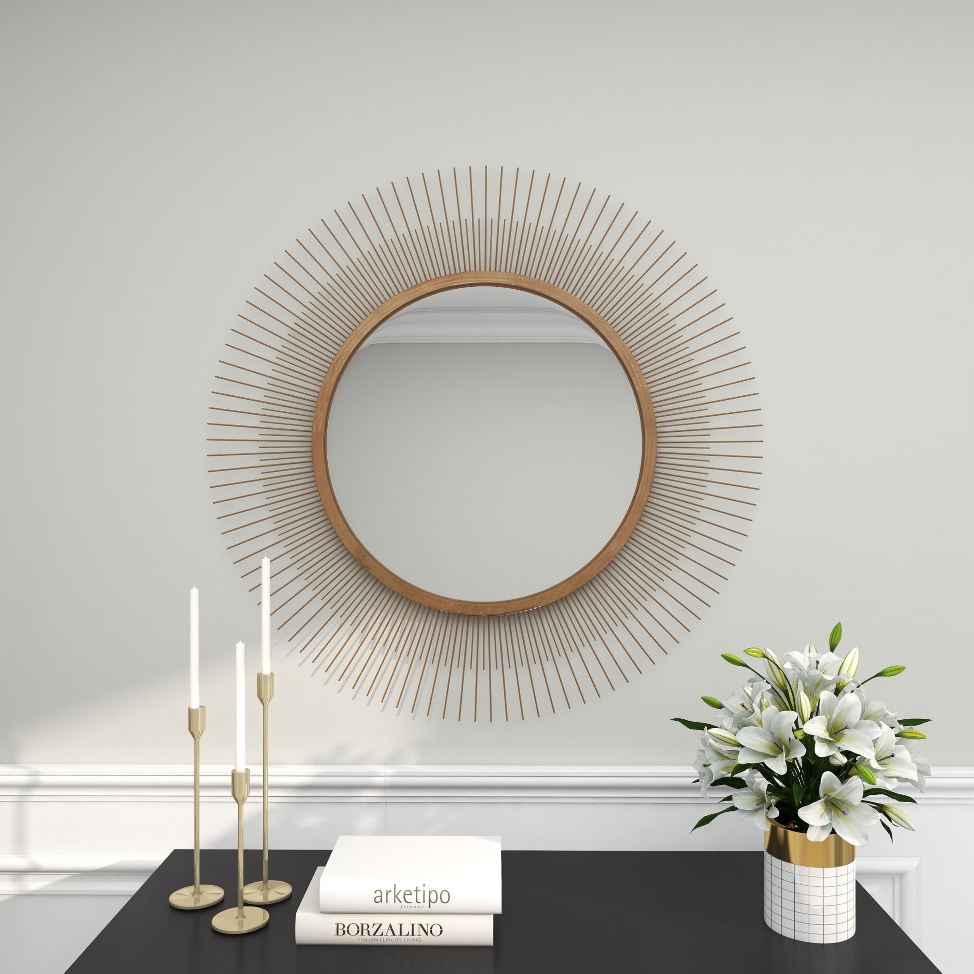 Starburst Gold Metal Room Wall Mirror with Thin Wire Rods