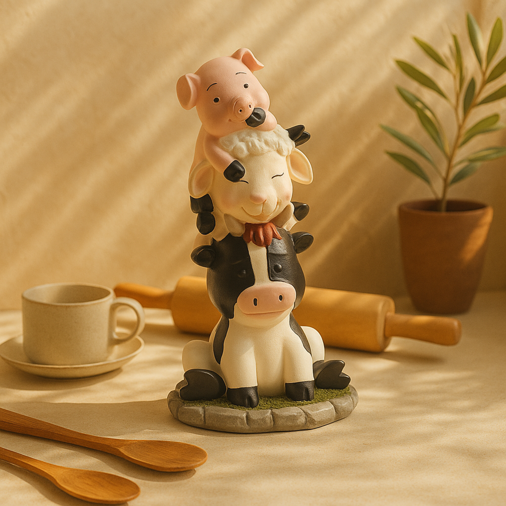 Farm Animals Multi Colored Polystone Stacked Decorative Sculpture with Gray and Green Accents