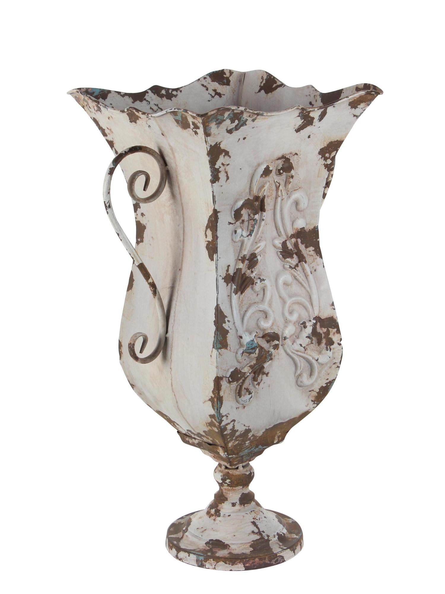 Scroll Beige Metal Distressed Decorative Vase