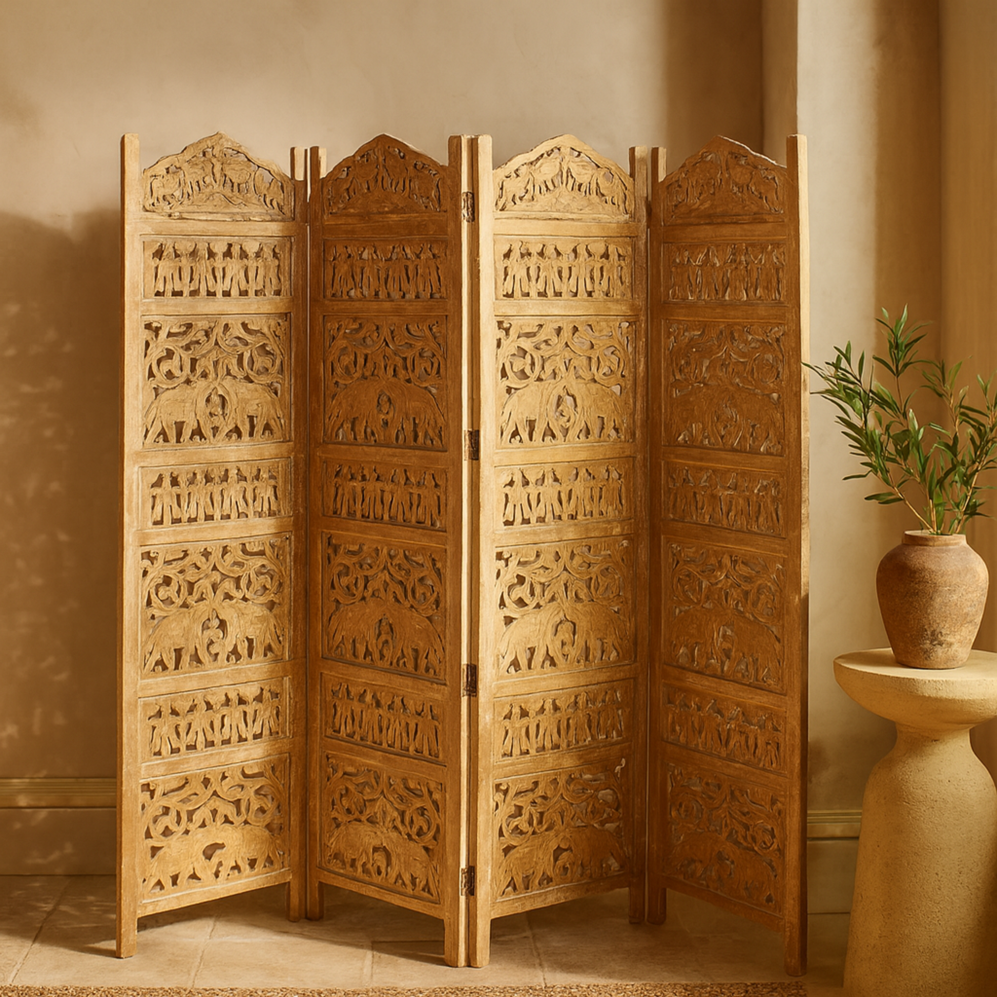 Scroll Gold Wooden Handmade Foldable Partition 4 Panel Partition Room Divider Screen with Carved Elephant Accents