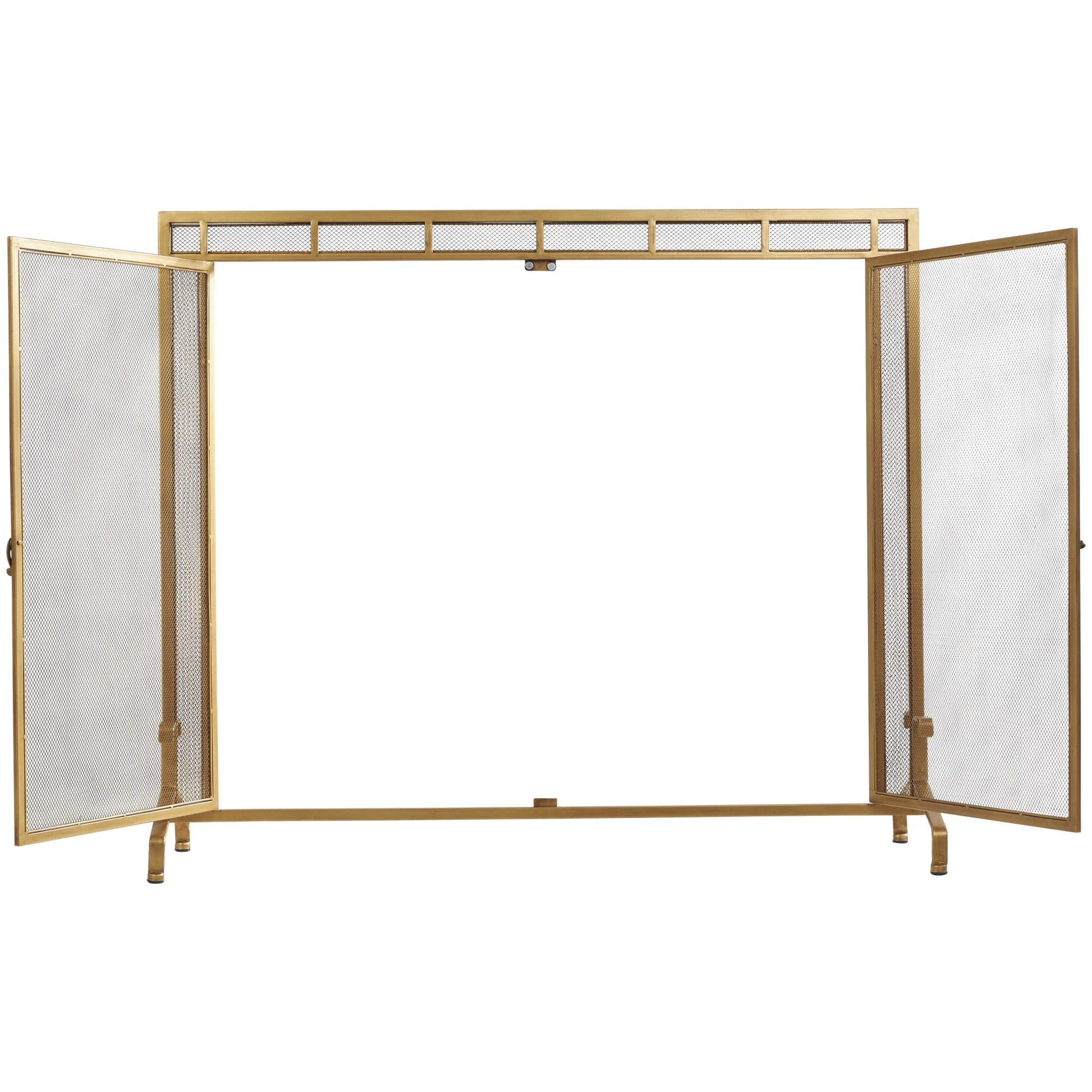 Gold Metal Geometric Single Panel Living Room Fireplace Screen with Latched Doors and Arched Feet