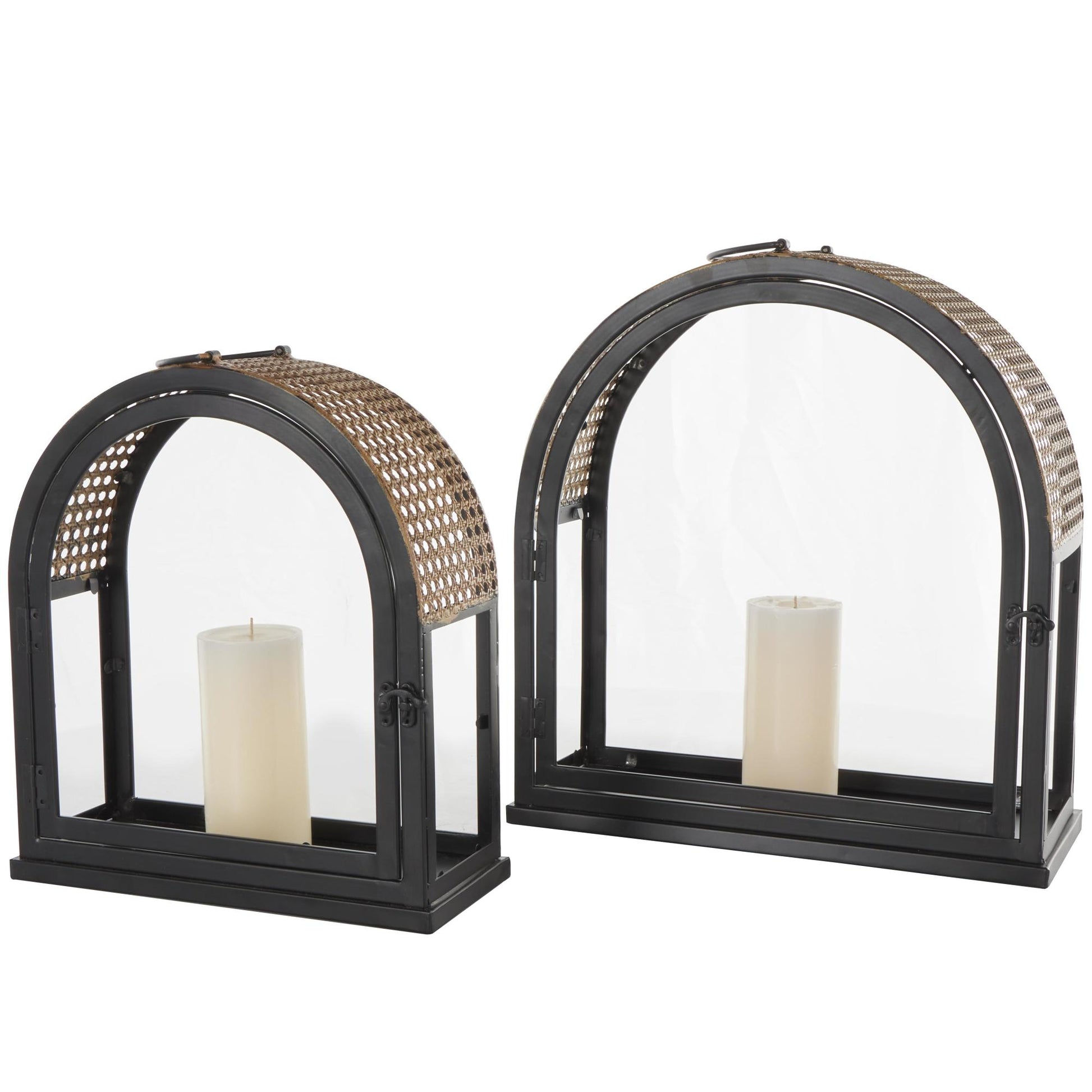 Set of 2 Black Metal Arched Indoor Outdoor Candle Lantern with Cane Inspired Gold Tops