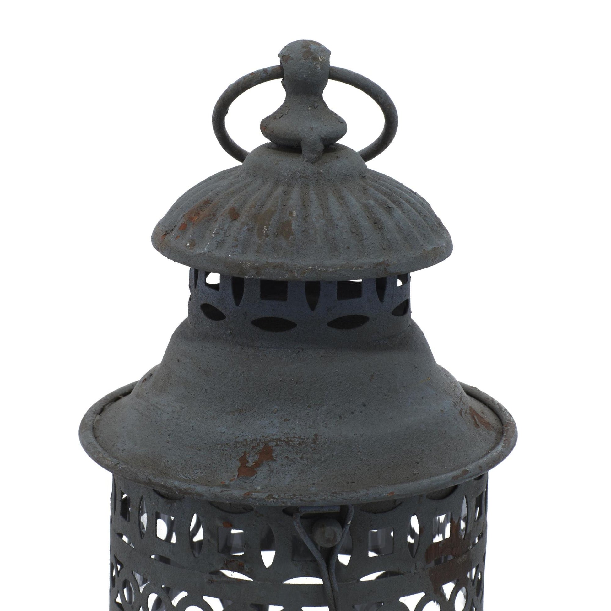 Set of 2 Scroll Black Metal Decorative Indoor Outdoor Candle Lantern with Ring Handle