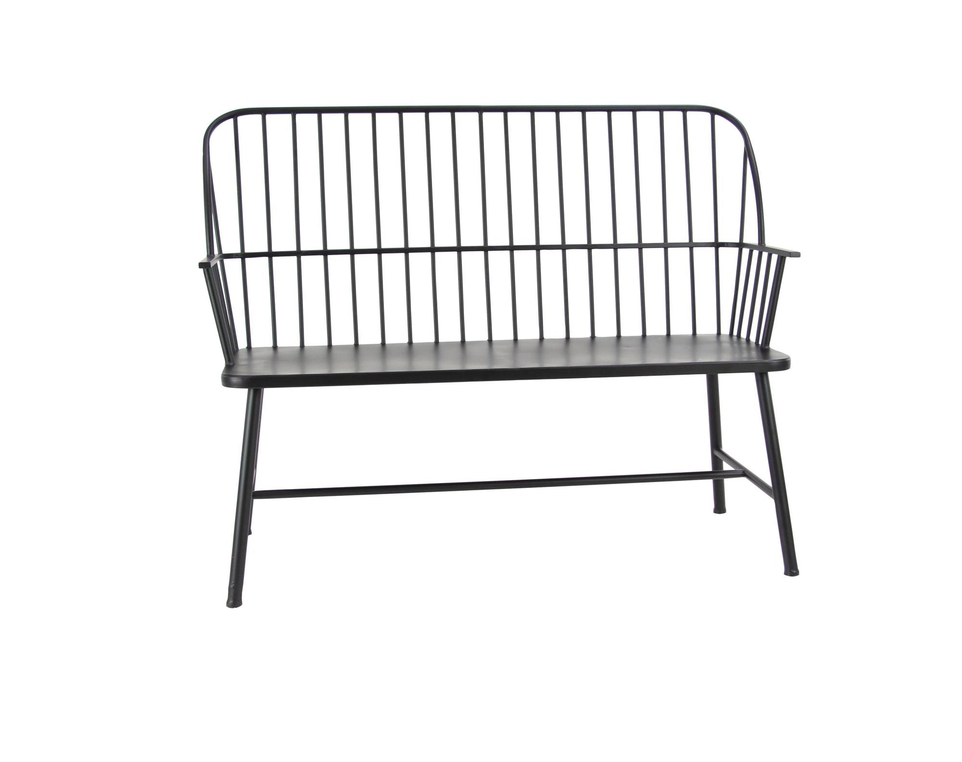 Black Metal Grill Style High Back Frame Patio Outdoor Bench with Trestle Legs and Armrests