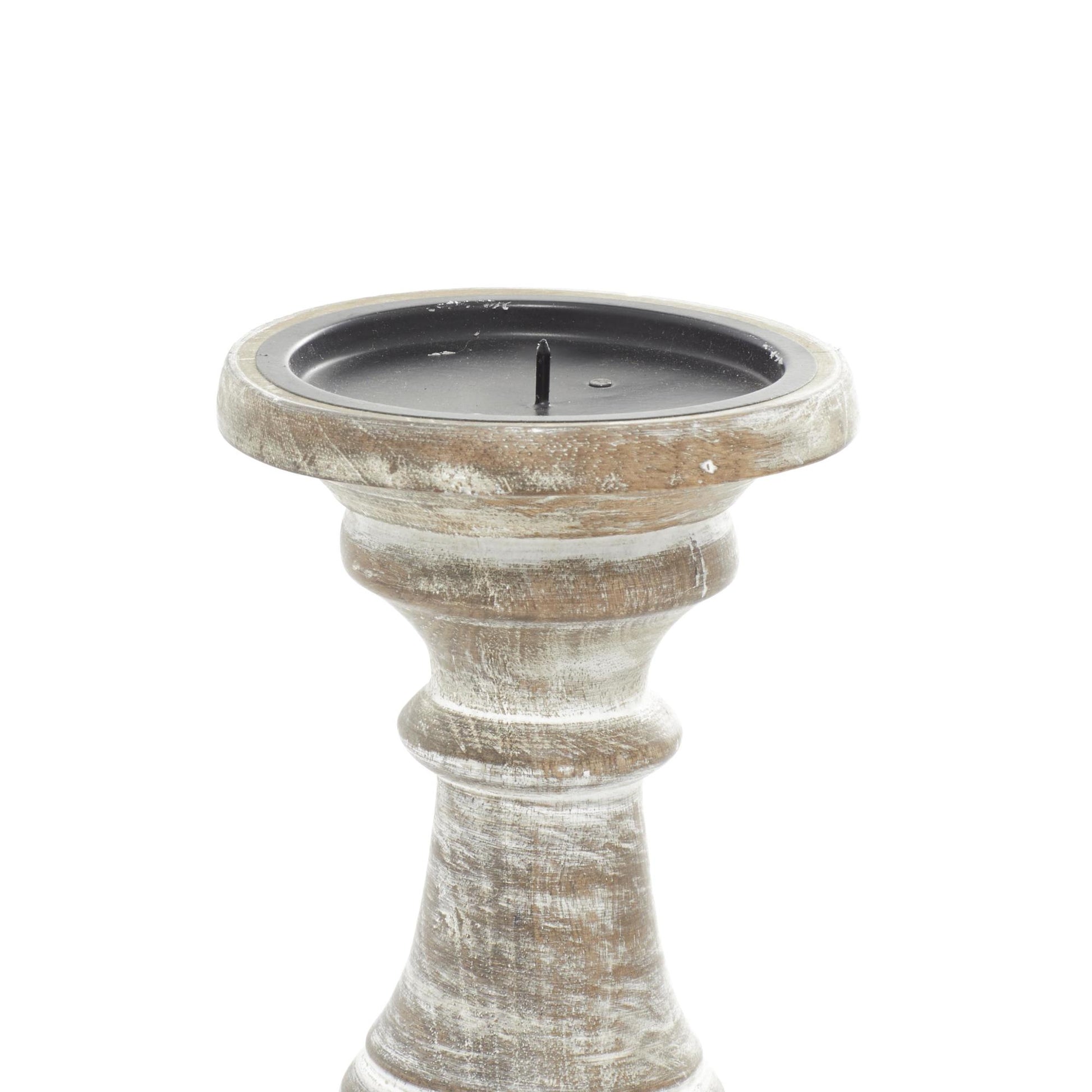Set of 3 Mango Wood Distressed Turned Pillar Decorative Candle Holder