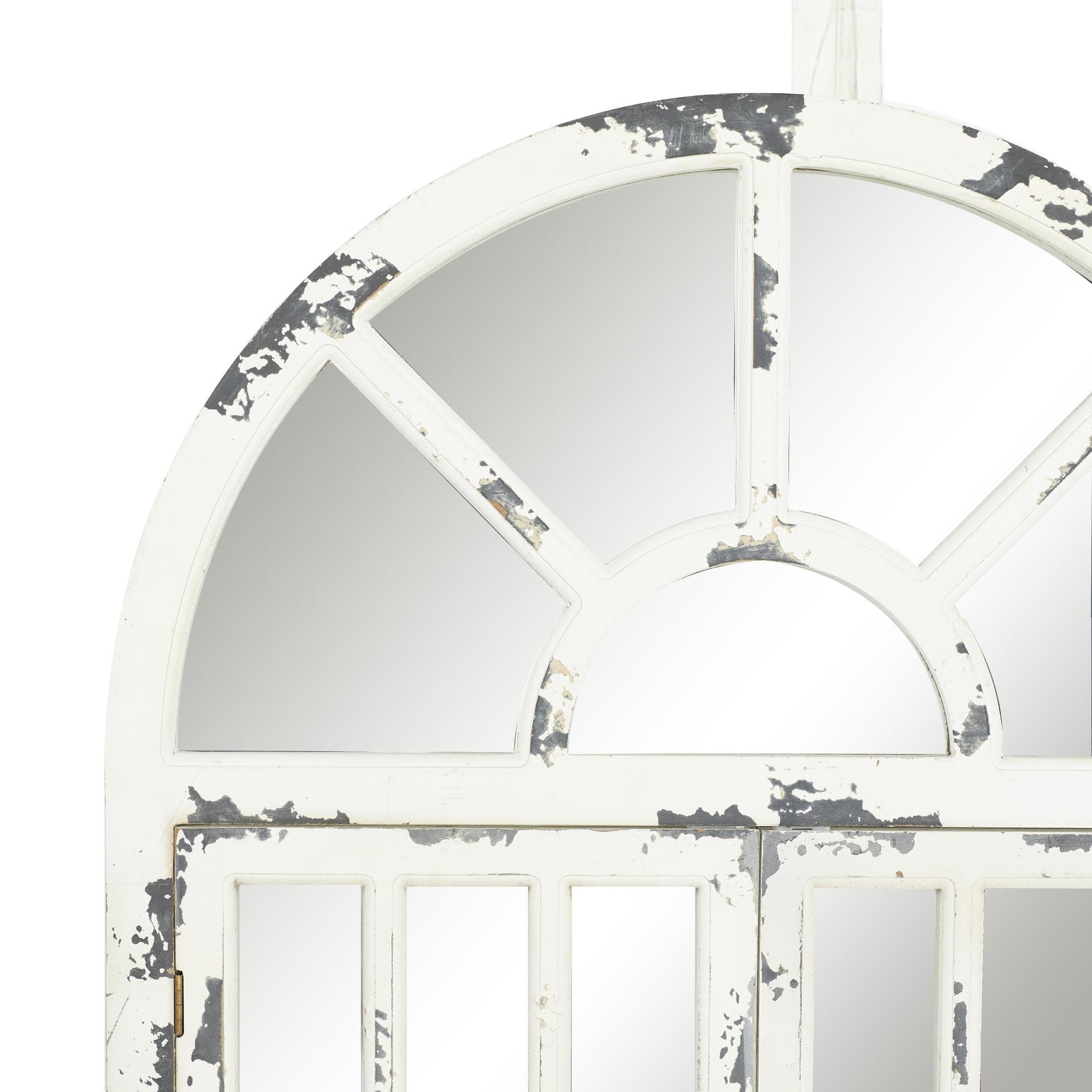 White Wood Window Pane Inspired 2 Door Room Wall Mirror with Arched Top and Distressing
