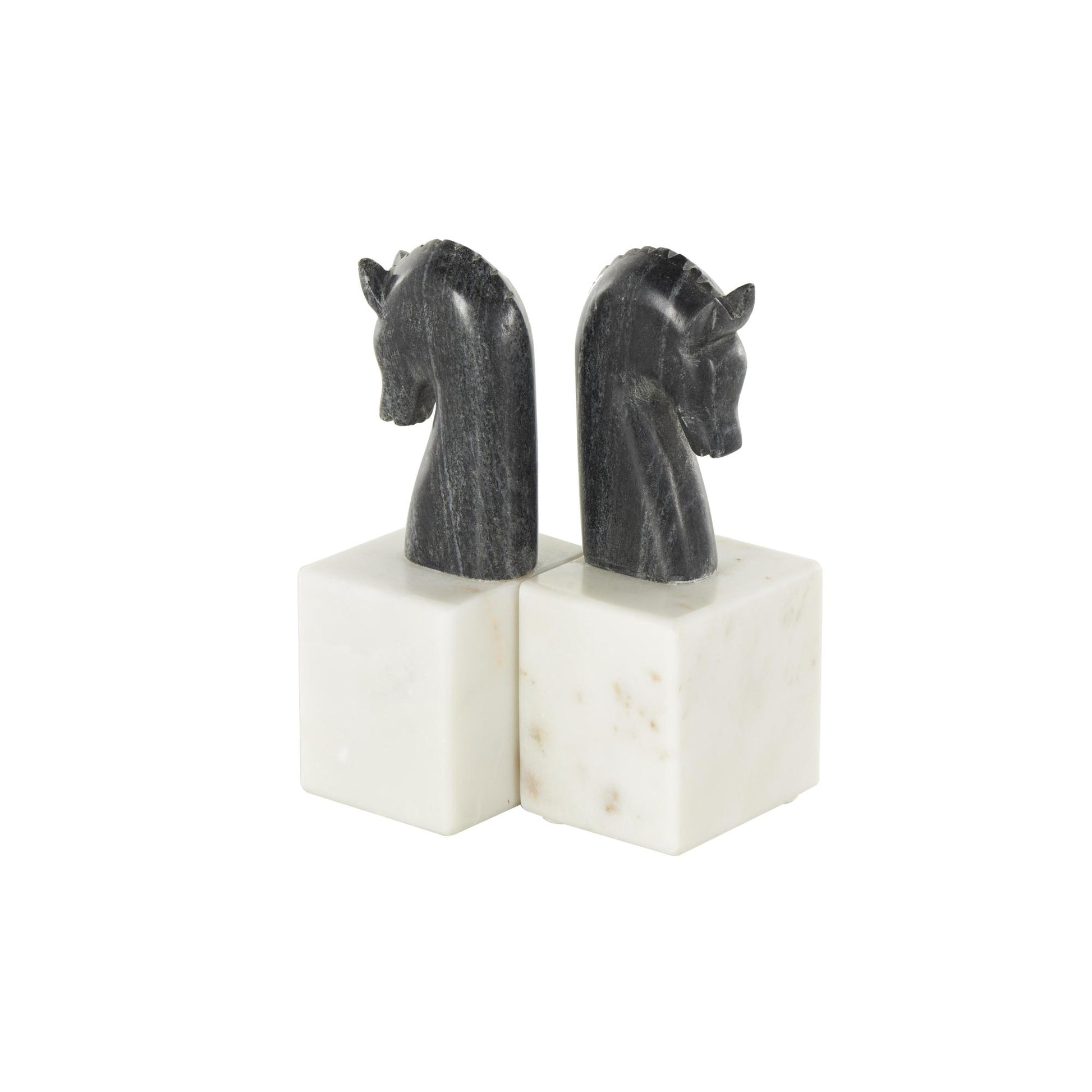 Set of 2 Horse Black Marble Distressed Decorative Bookends with White Block Bases