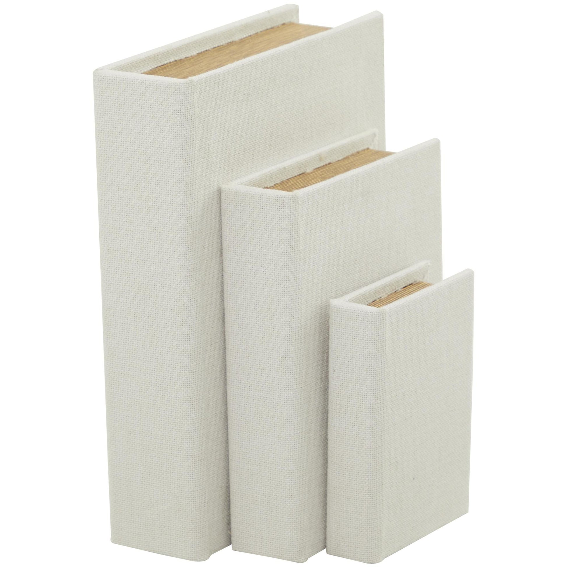 Set of 3 Linen Fabric Textured Faux Book Storage Decorative Box with Gold Page Detailing