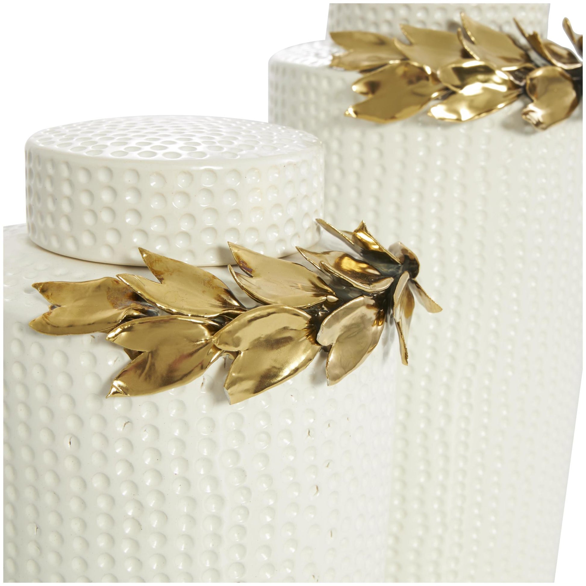 Set of 2 Leaf White Ceramic Living Room Decorative Jars with Abstract Spotted Pattern and Gold Accents