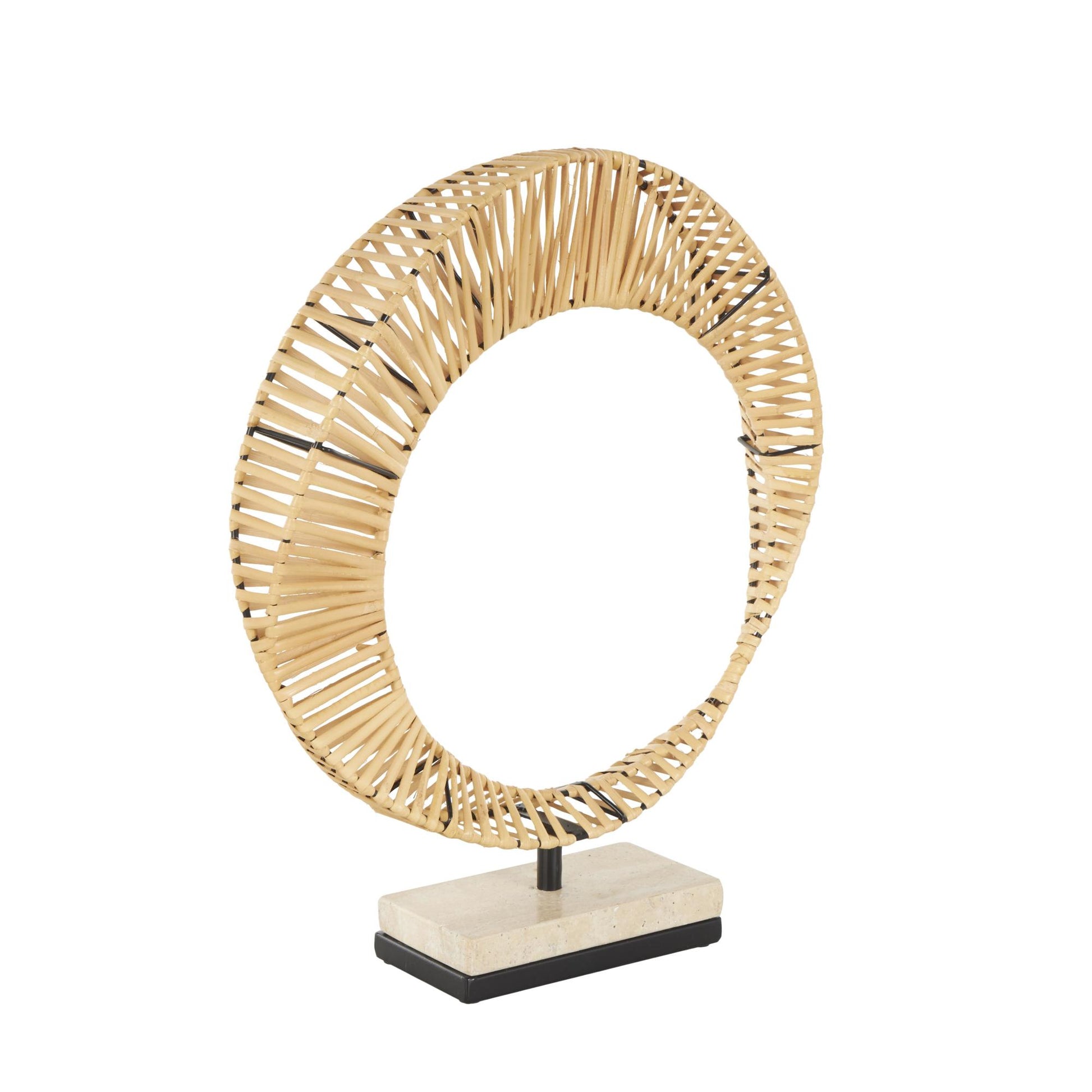 Abstract Brown Rattan Handmade Mobius Strip Inspired Decorative Sculpture with White Marble Base
