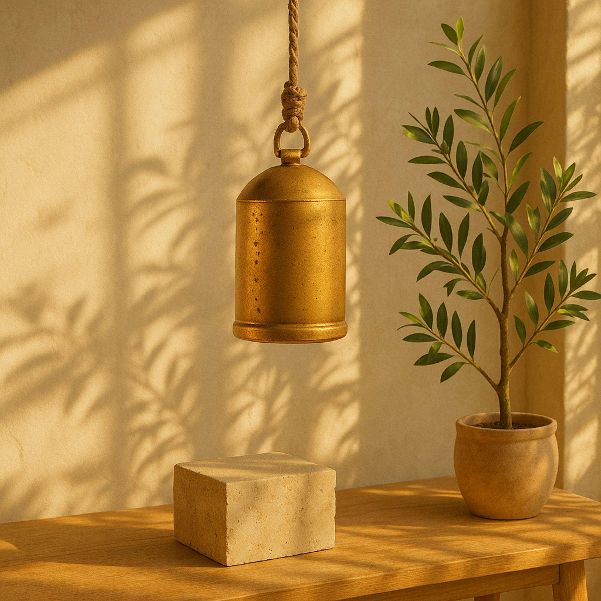 Metal Indoor Outdoor Decorative Bell with Jute Hanging Rope 7" x 7" x 16"