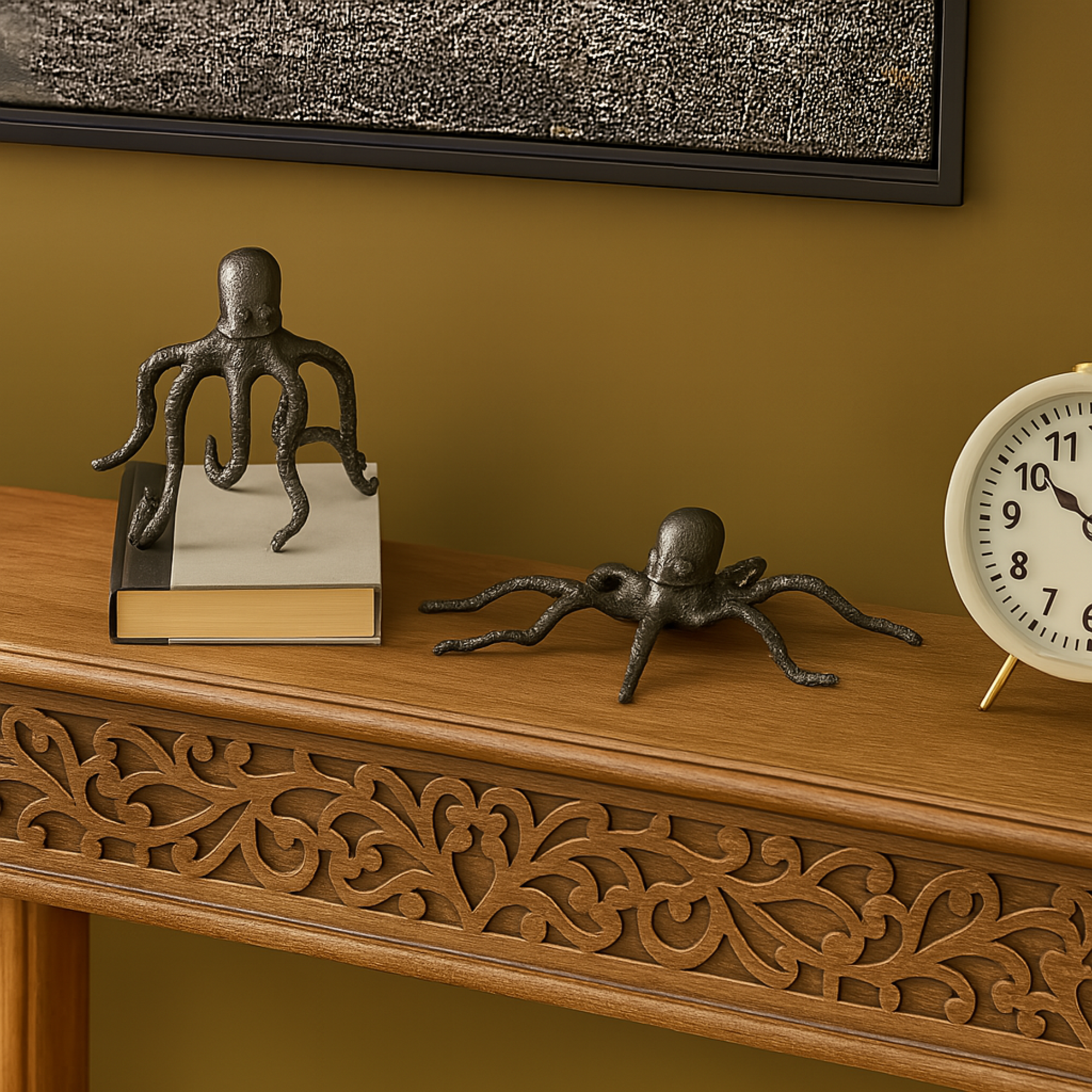 Set of 2 Octopus Black Aluminum Metal Decorative Sculpture with Textured Tentacles