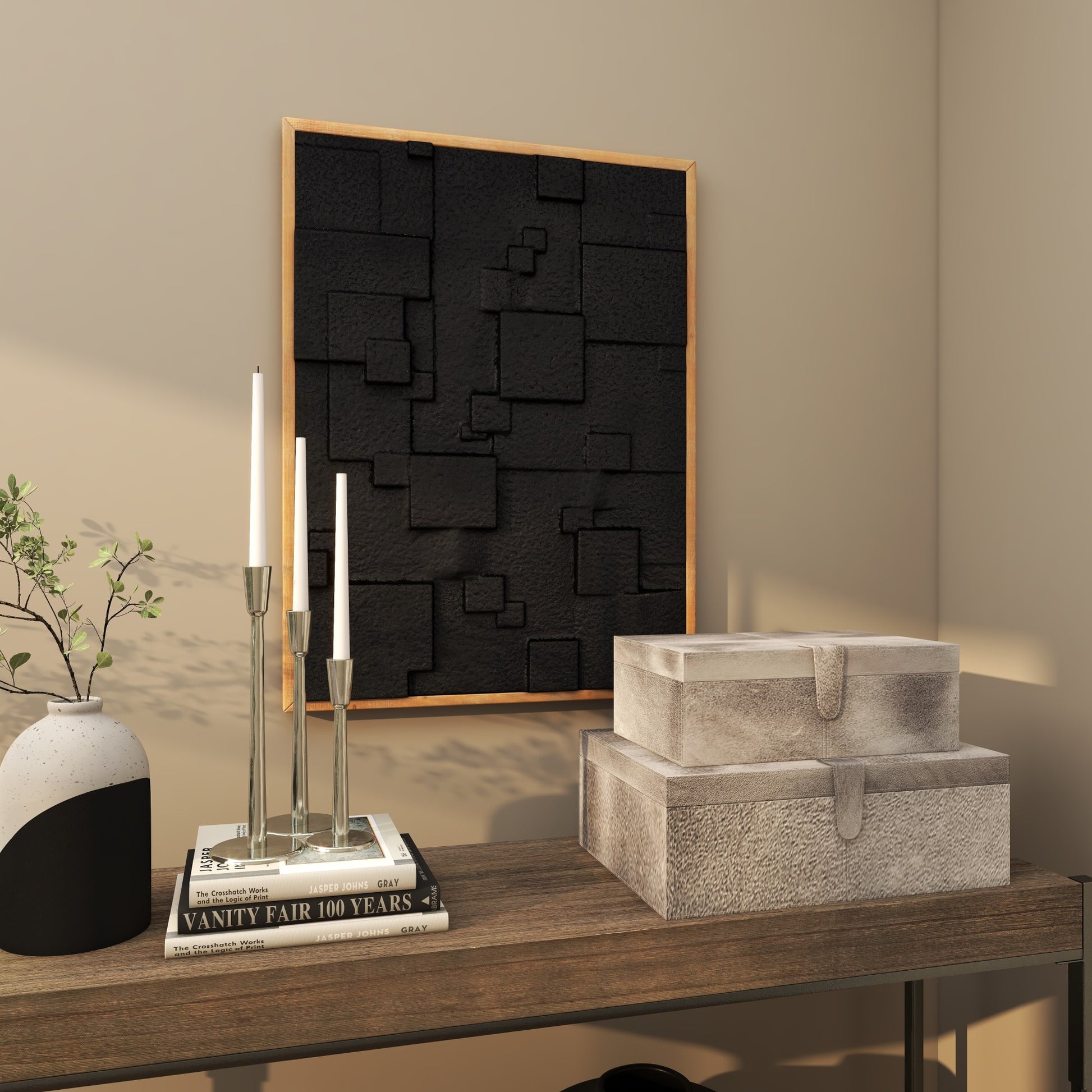 Geometric Black Wood Dimensional Textured Shapes Living Room Framed Wall Art with Brown Frame