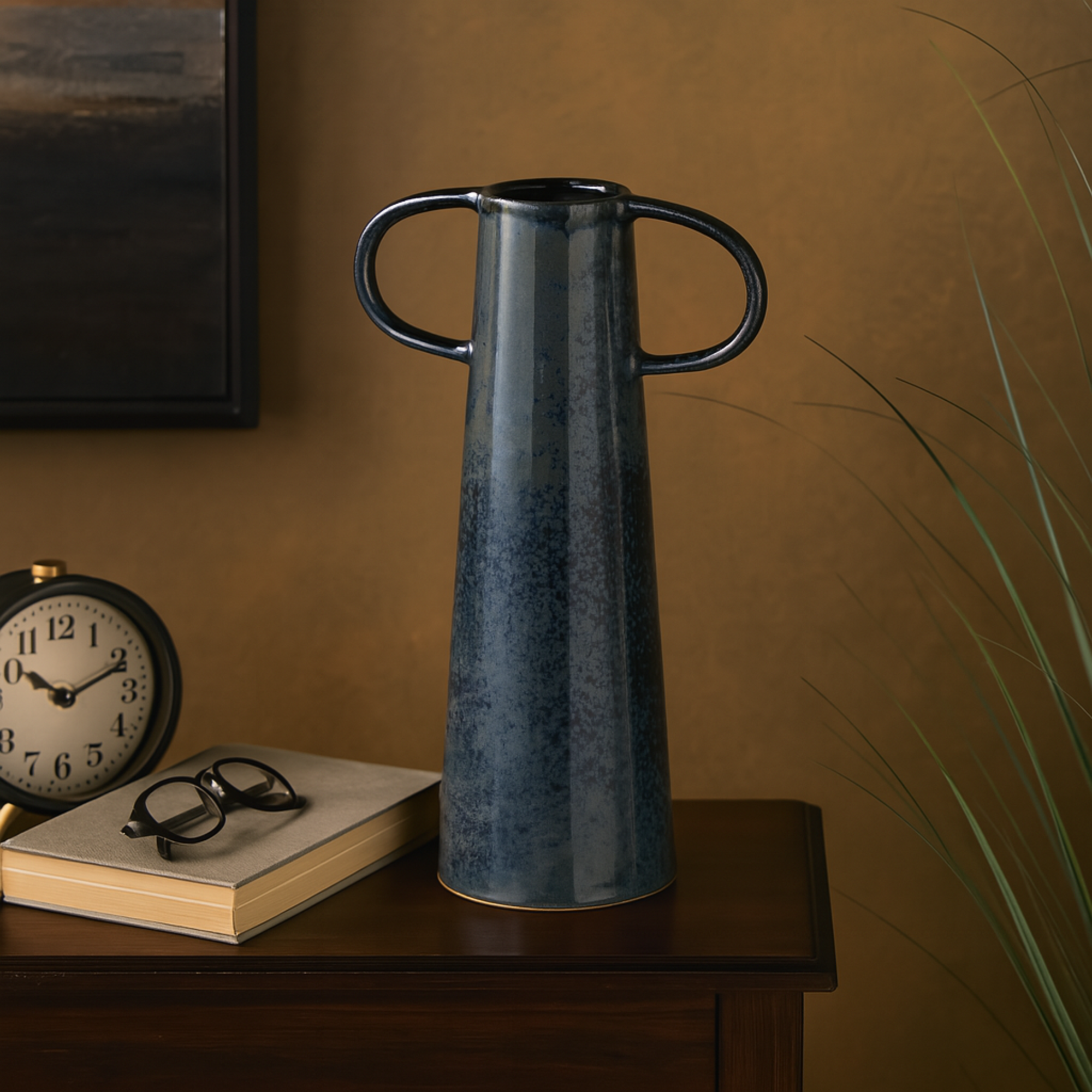 Dark Blue Ceramic Textured Cone Decorative Vase with Curved Handles