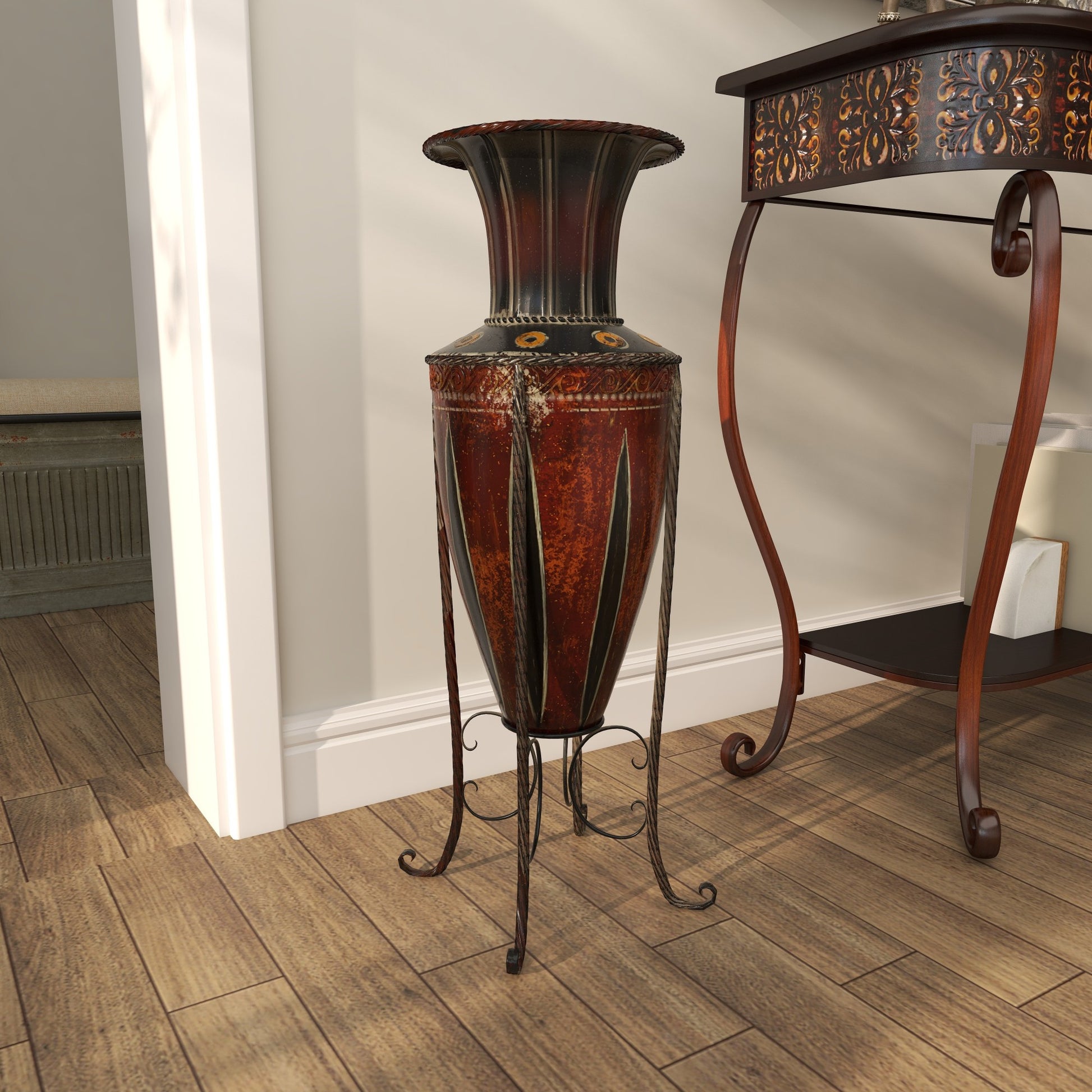 Scroll Brown Metal Tall Decorative Vase with Attached Metal Stand and Intricate Design